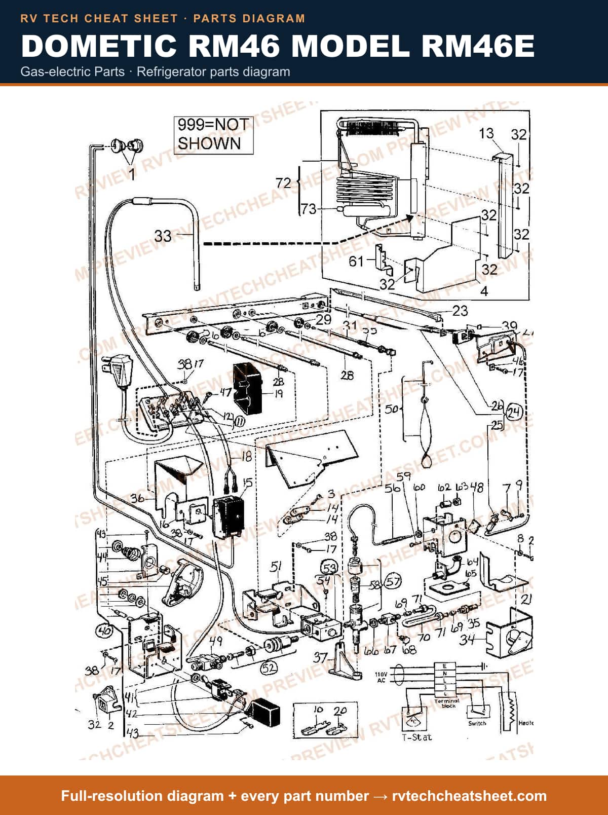 Dometic RM46 Model RM46E gas-electric parts — parts list sheet