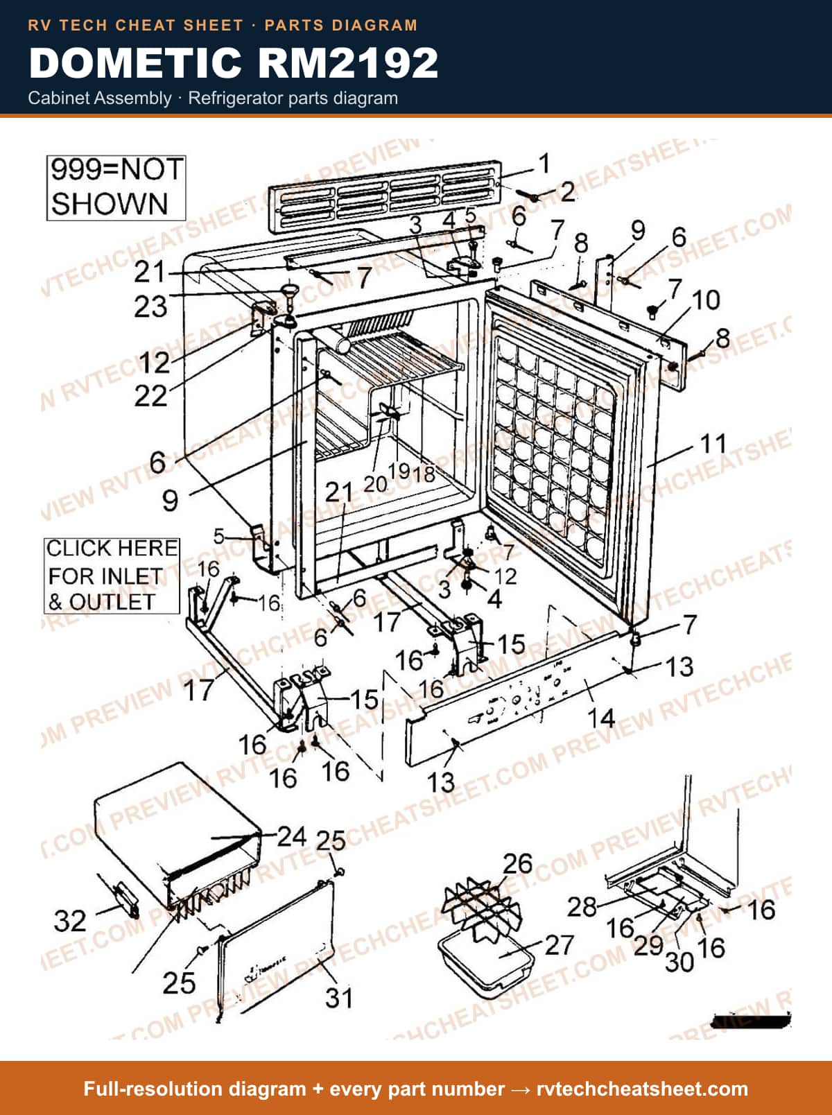 Dometic RM2192 cabinet assembly — parts list sheet