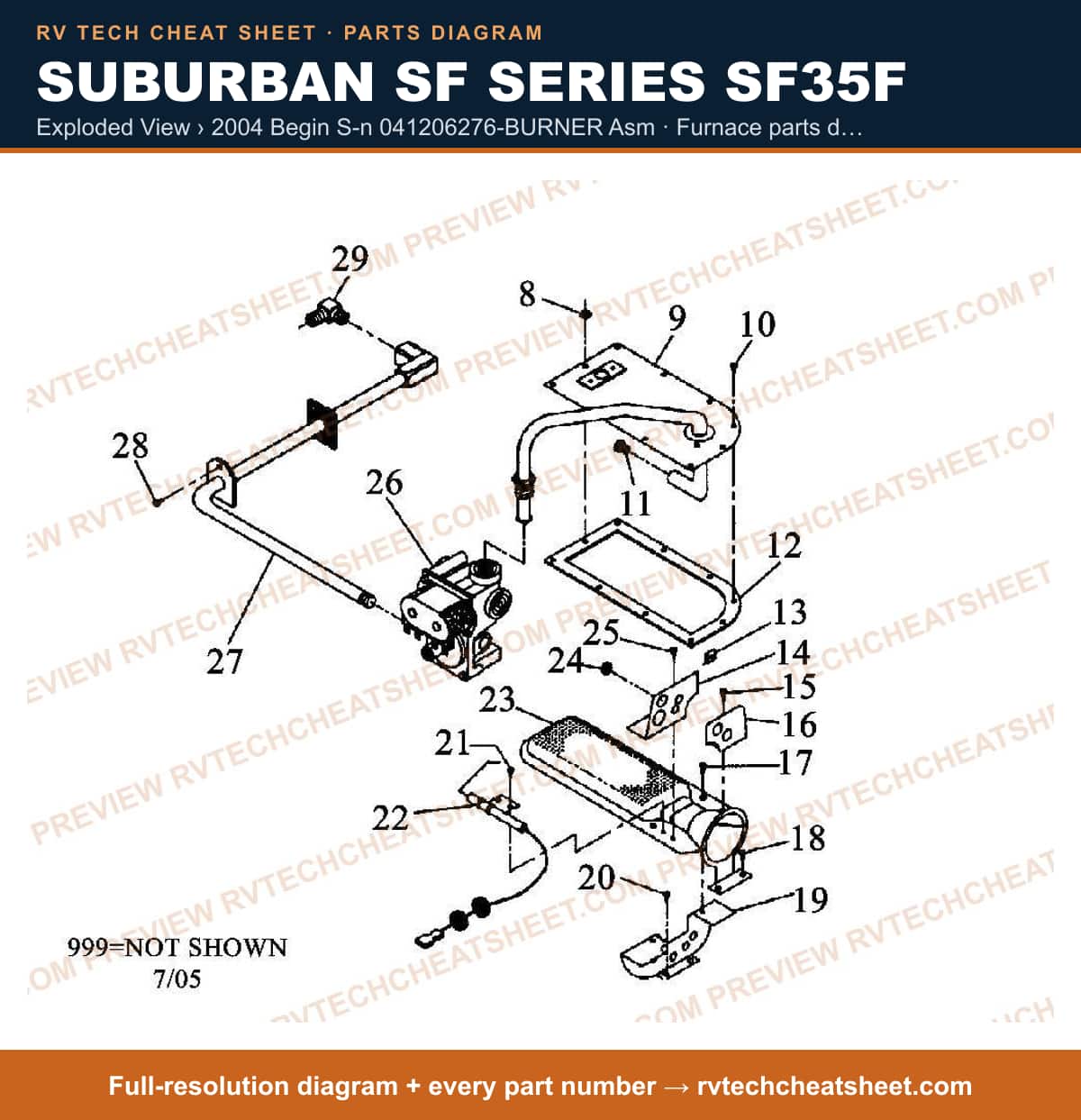 Suburban Sf Series SF35F exploded view › 2004 begin s-n 041206276-burner asm — exploded parts diagram 2 of 2