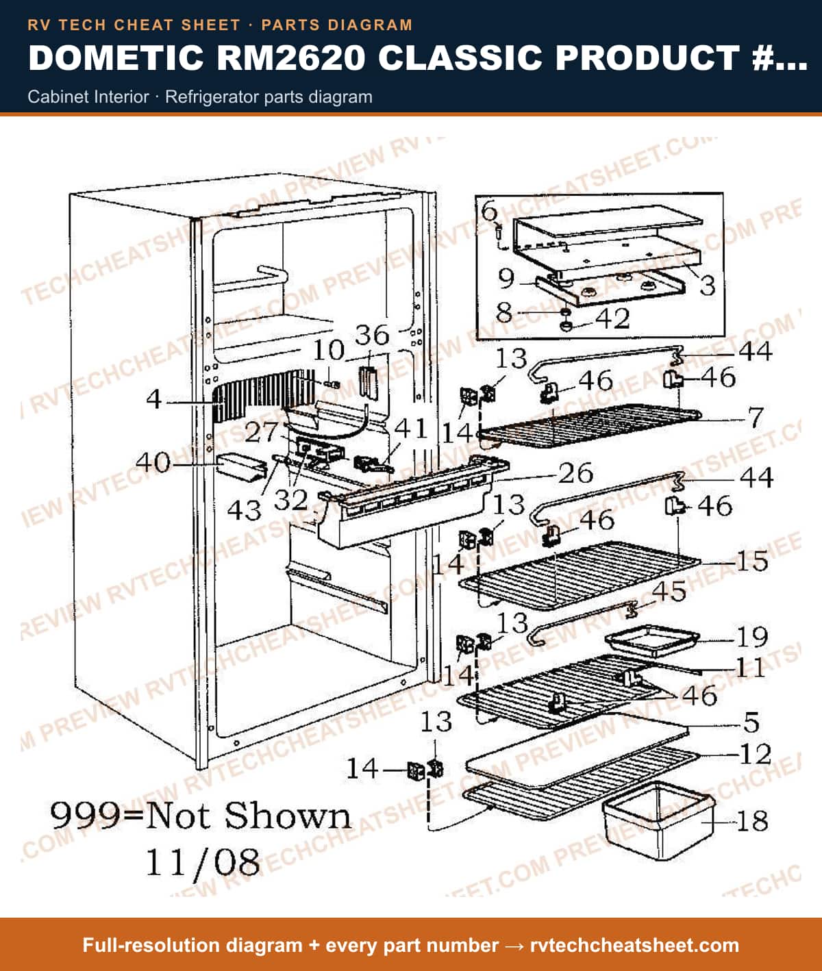 Dometic RM2620 Classic Product # 958530345 Beige cabinet interior — parts list sheet