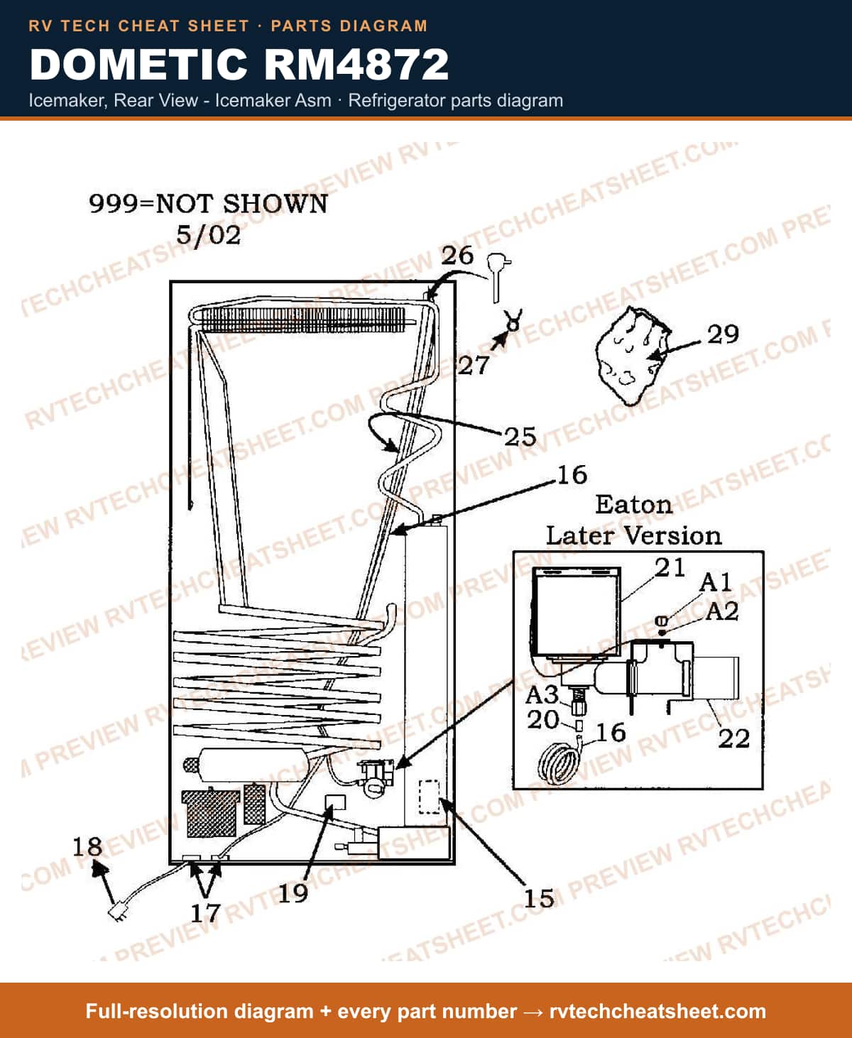 Dometic RM4872 icemaker, rear view - icemaker asm — parts list sheet