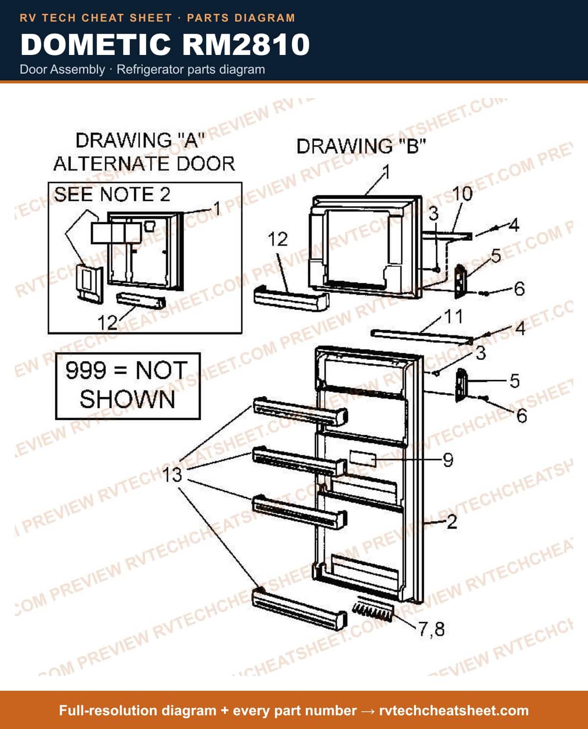 Dometic RM2810 door assembly — parts list sheet