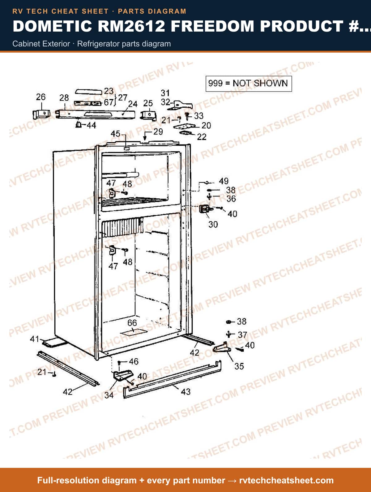 Dometic RM2612 Freedom Product # 921574501 Beige cabinet exterior — parts list sheet