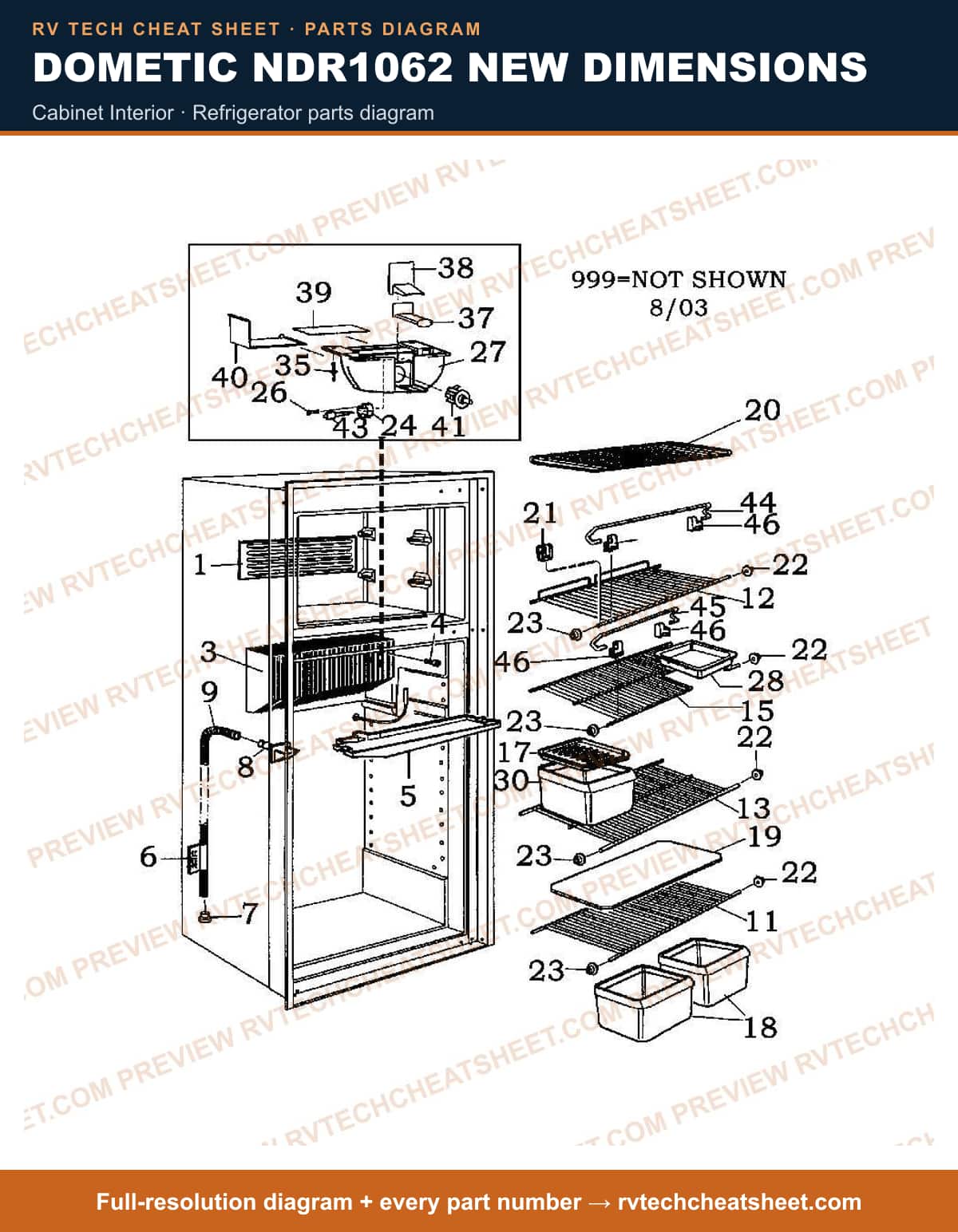 Dometic NDR1062 New Dimensions cabinet interior — parts list sheet