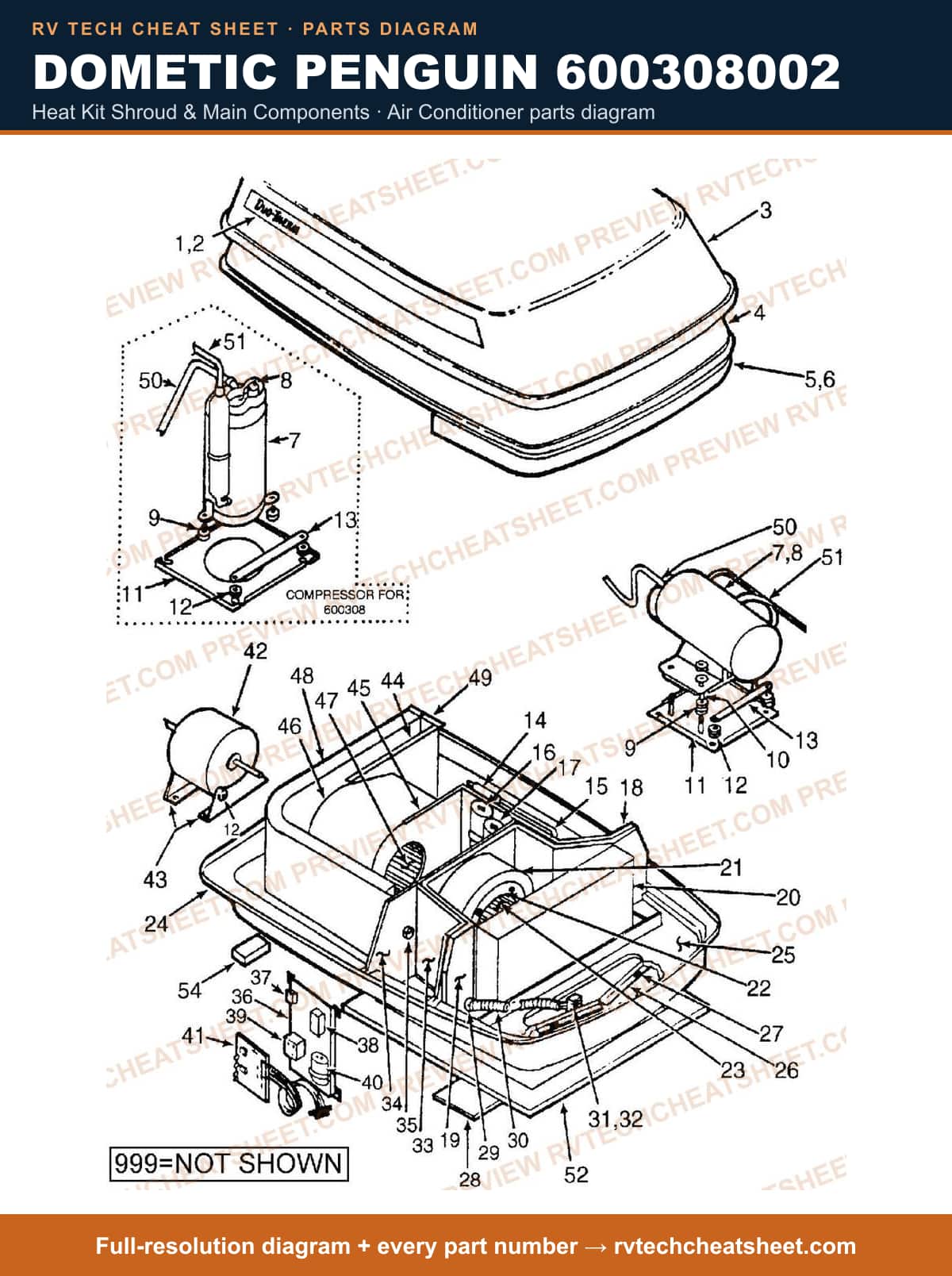 Dometic Penguin 600308002 heat kit shroud & main components — parts list sheet 2 of 2