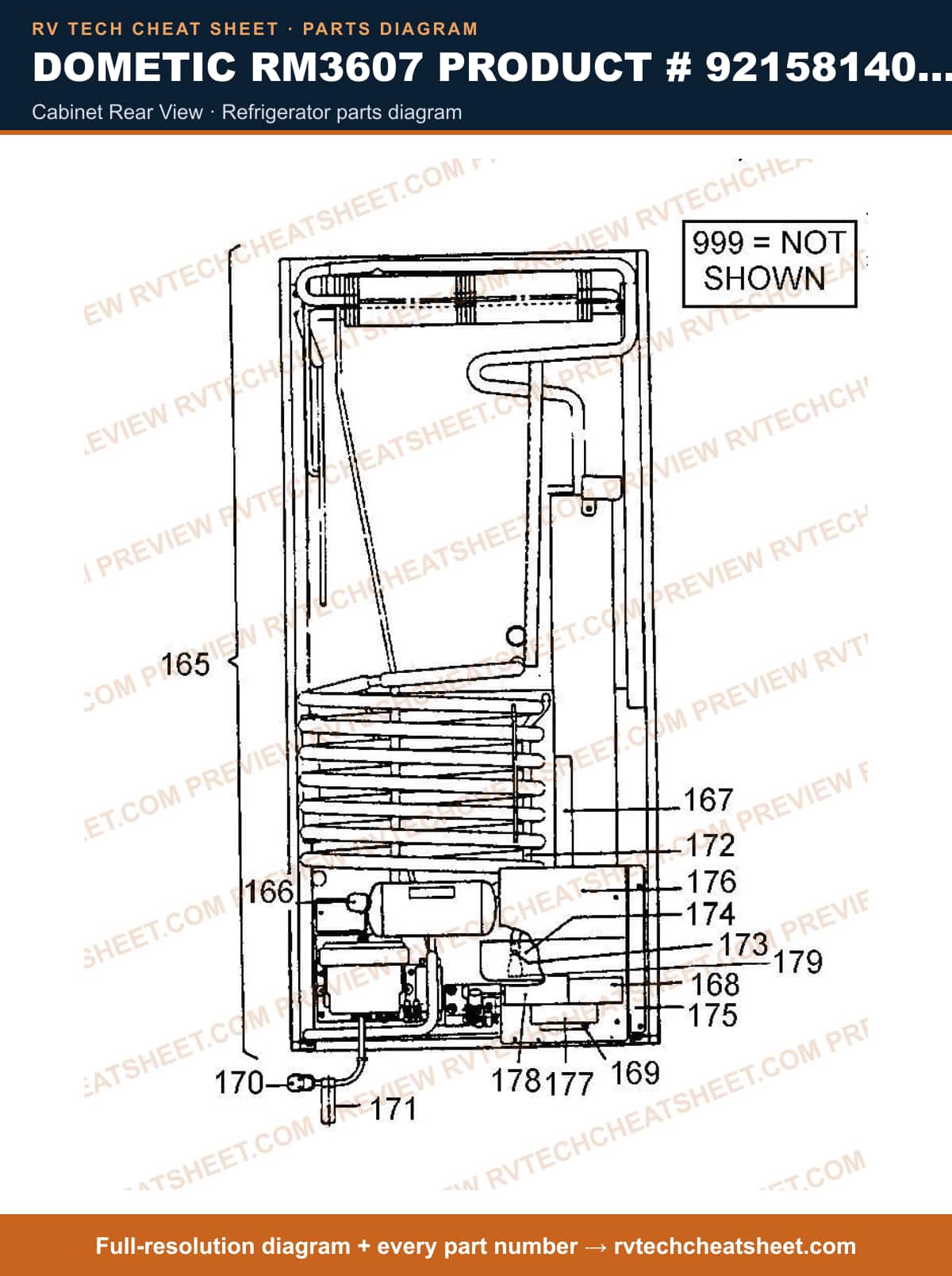 Dometic RM3607 Product # 921581401 2-WAY cabinet rear view — parts list sheet
