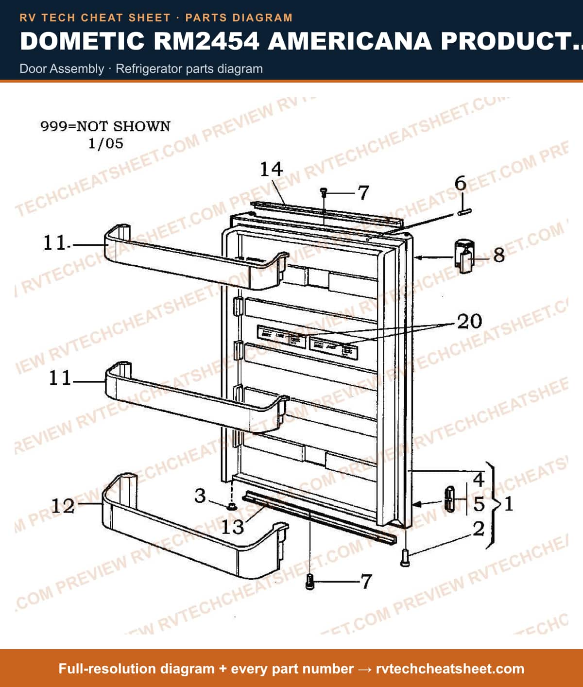 Dometic RM2454 Americana Product # 921140114 Taupe door assembly — parts list sheet