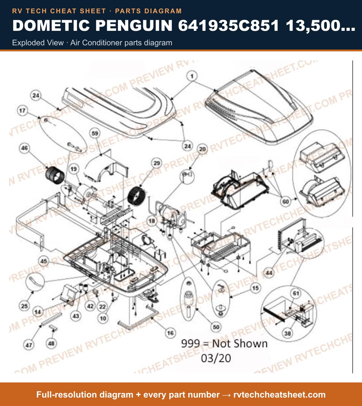 Dometic Penguin 641935C851 13,500 BTU exploded view — parts list sheet