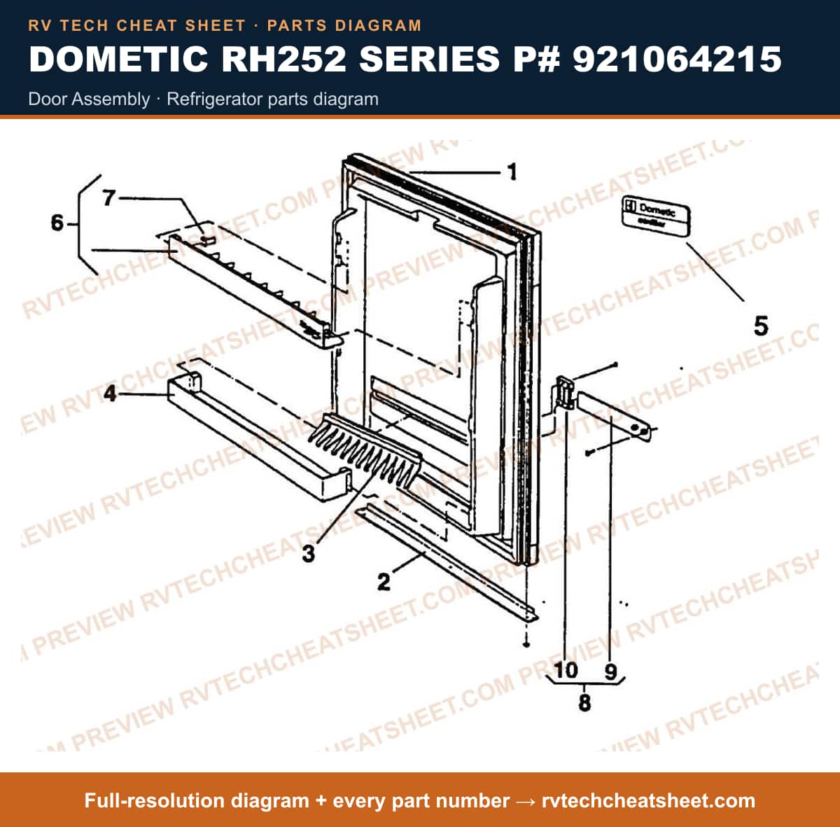 Dometic RH252 Series P# 921064215 door assembly — parts list sheet