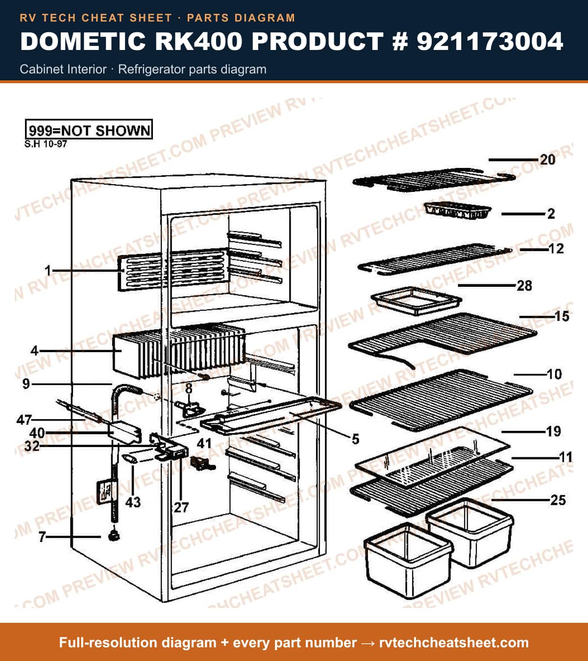 Dometic RK400 Product # 921173004 cabinet interior — parts list sheet