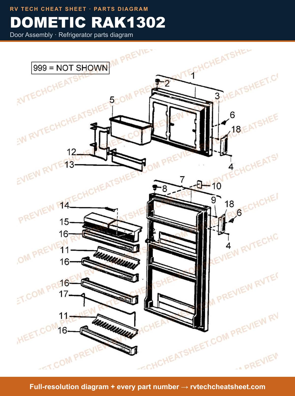 Dometic RAK1302 door assembly — exploded parts diagram