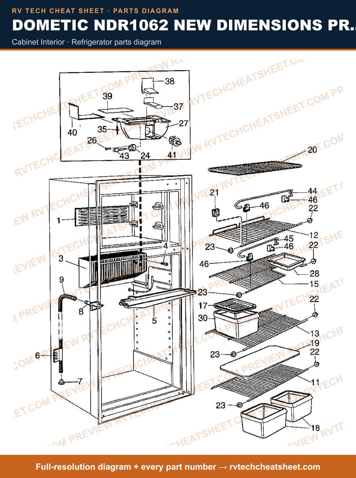 Dometic NDR1062 New Dimensions Product # 921146180 (stnls) cabinet interior — parts list sheet