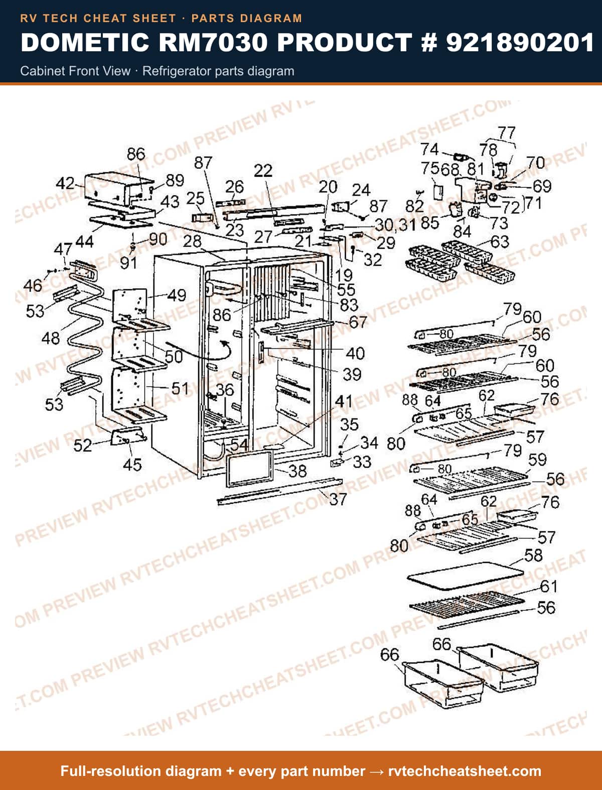 Dometic RM7030 Product # 921890201 cabinet front view — parts list sheet