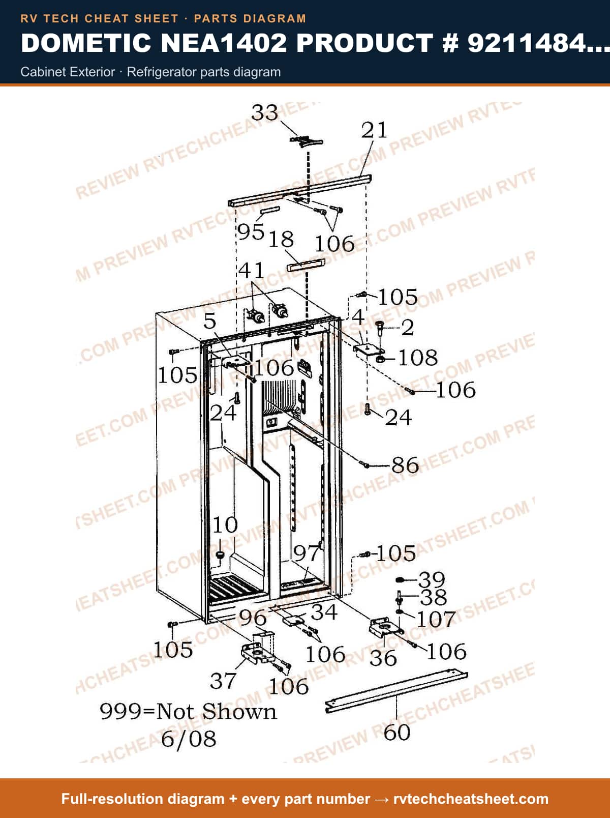 Dometic NEA1402 Product # 921148410 cabinet exterior — parts list sheet