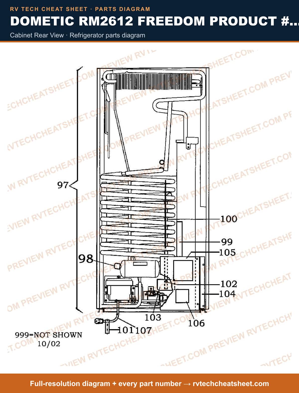 Dometic RM2612 Freedom Product # 921575003 Beige cabinet rear view — parts list sheet