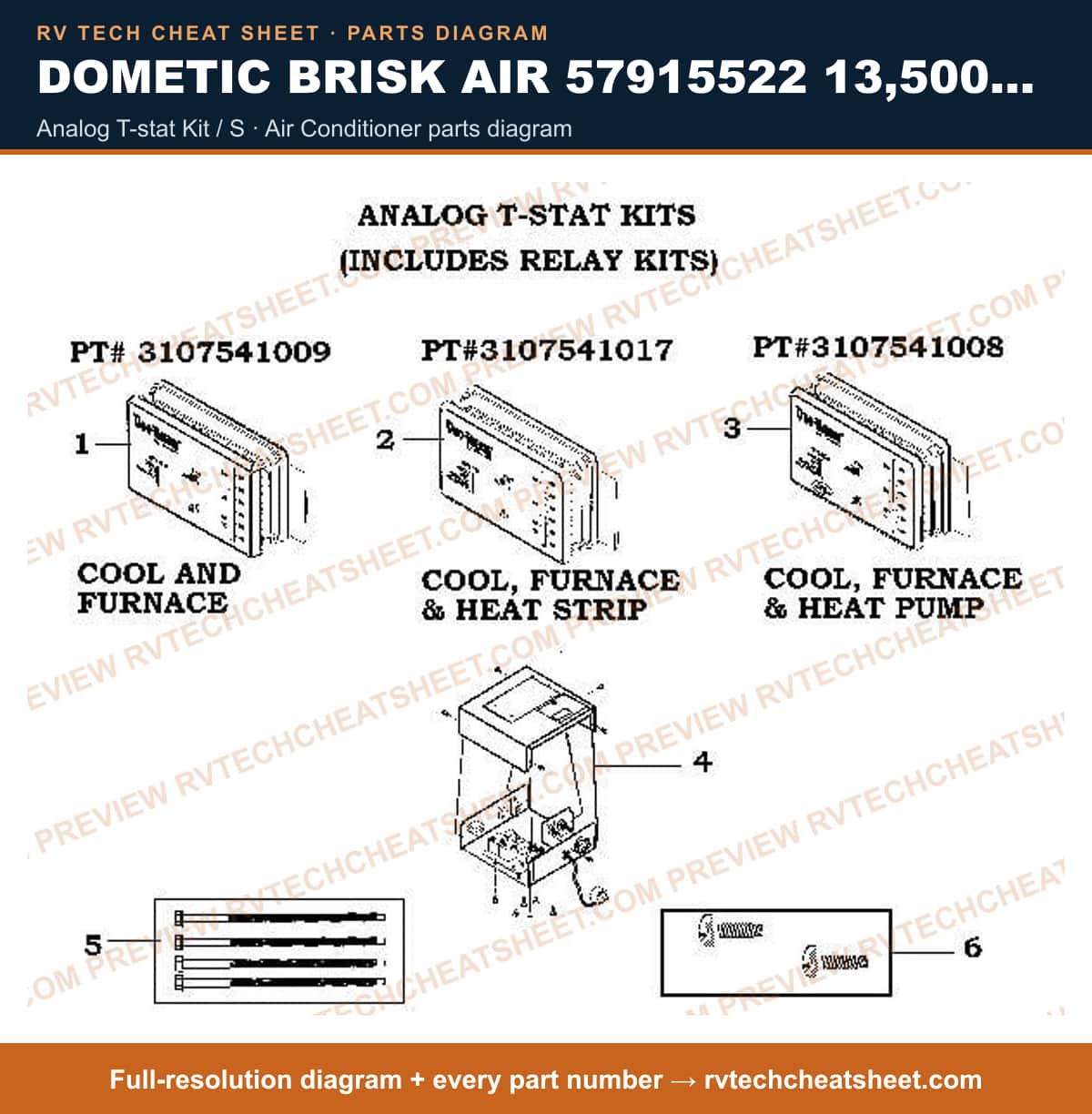 Dometic Brisk Air 57915522 13,500 BTU analog t-stat kit / s — exploded parts diagram