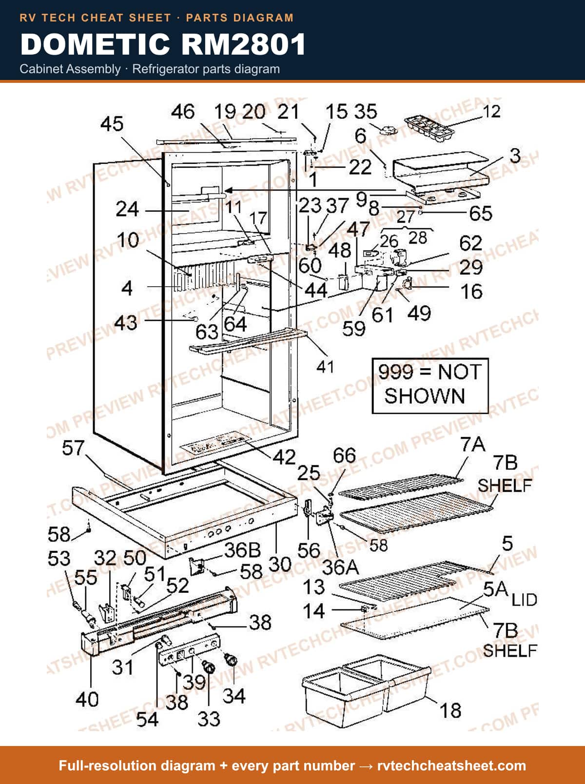 Dometic RM2801 cabinet assembly — parts list sheet