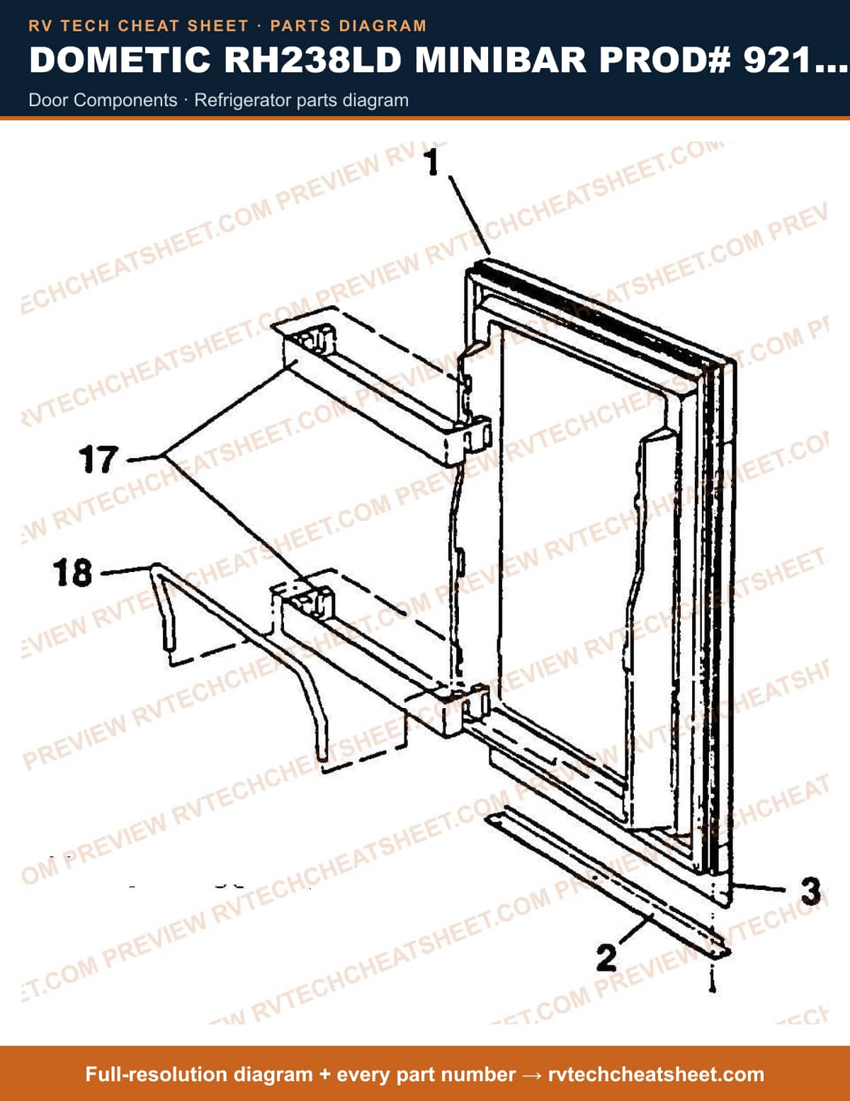 Dometic RH238LD Minibar Prod# 921063211 door components — parts list sheet