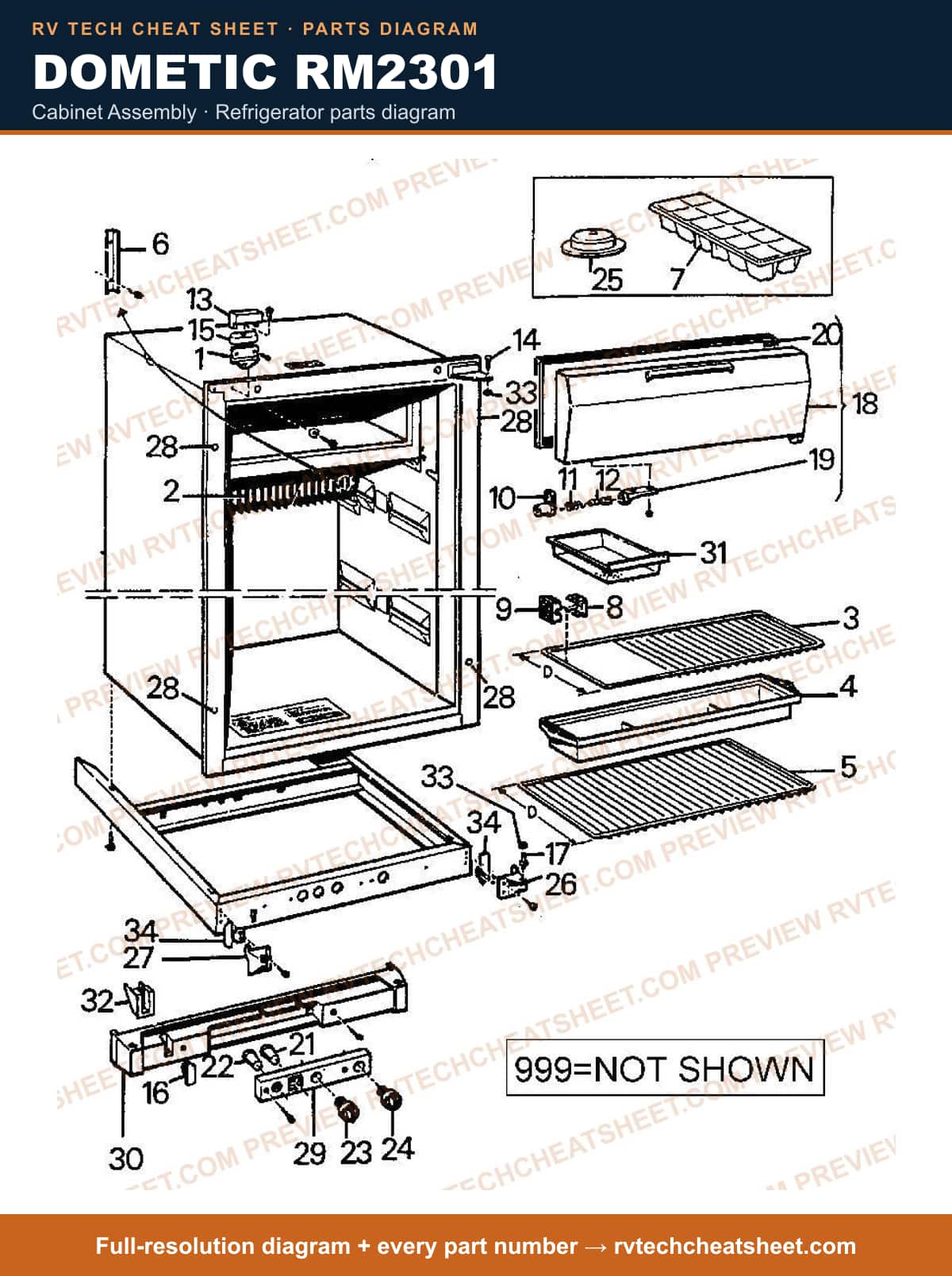 Dometic RM2301 cabinet assembly — parts list sheet