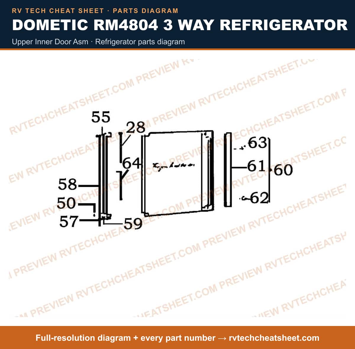 Dometic RM4804 3 Way Refrigerator upper inner door asm — parts list sheet