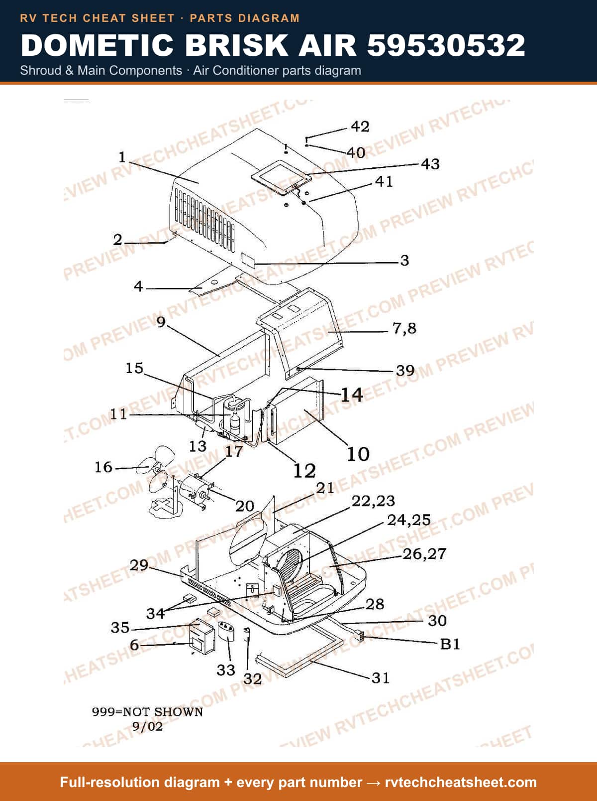 Dometic Brisk Air 59530532 shroud & main components — exploded parts diagram