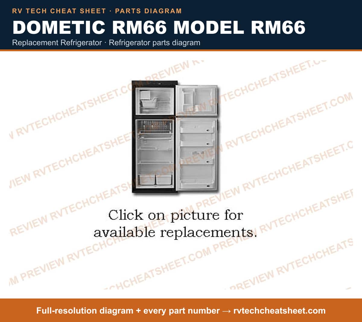 Dometic RM66 Model RM66 replacement refrigerator — parts list sheet