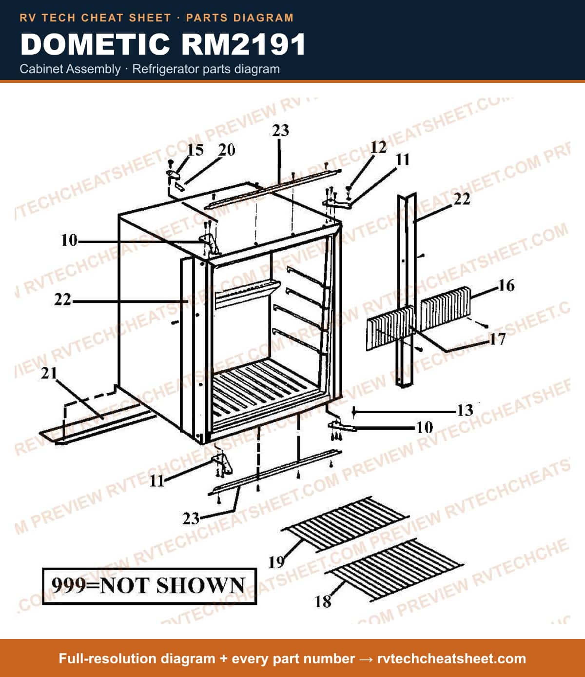 Dometic RM2191 cabinet assembly — parts list sheet