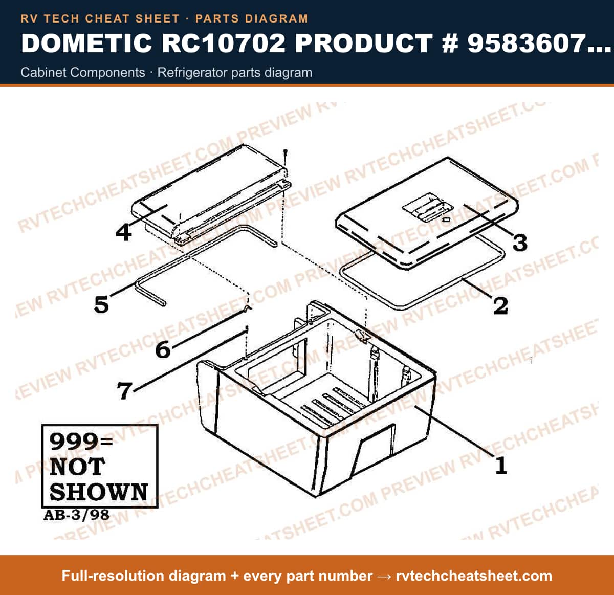 Dometic RC10702 Product # 958360702 cabinet components — exploded parts diagram