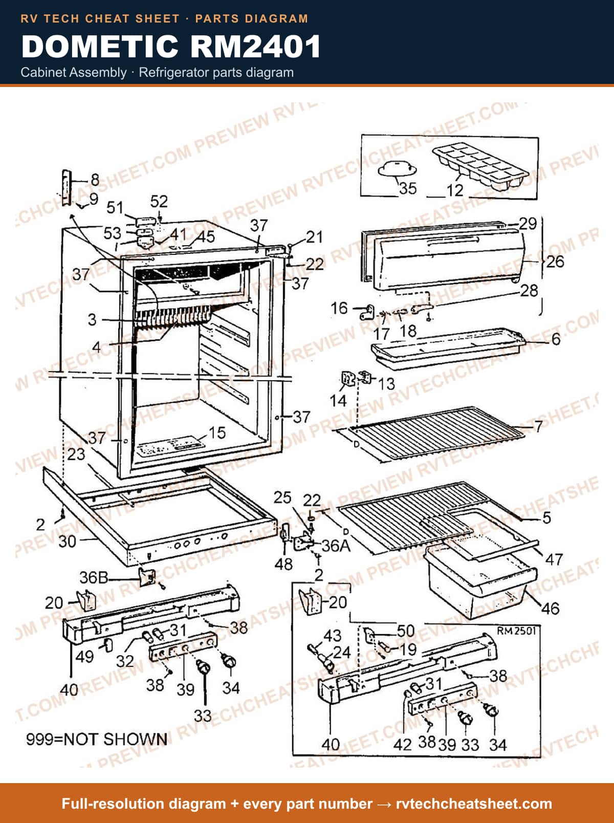 Dometic RM2401 cabinet assembly — parts list sheet