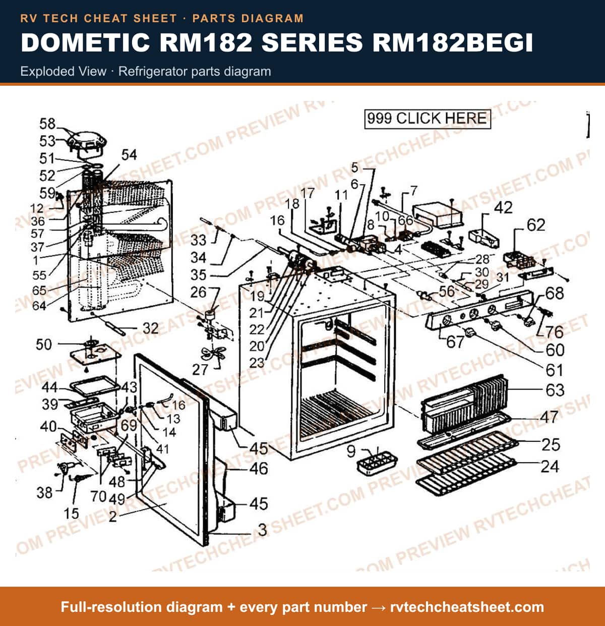 Dometic RM182 Series RM182BEGI exploded view — parts list sheet