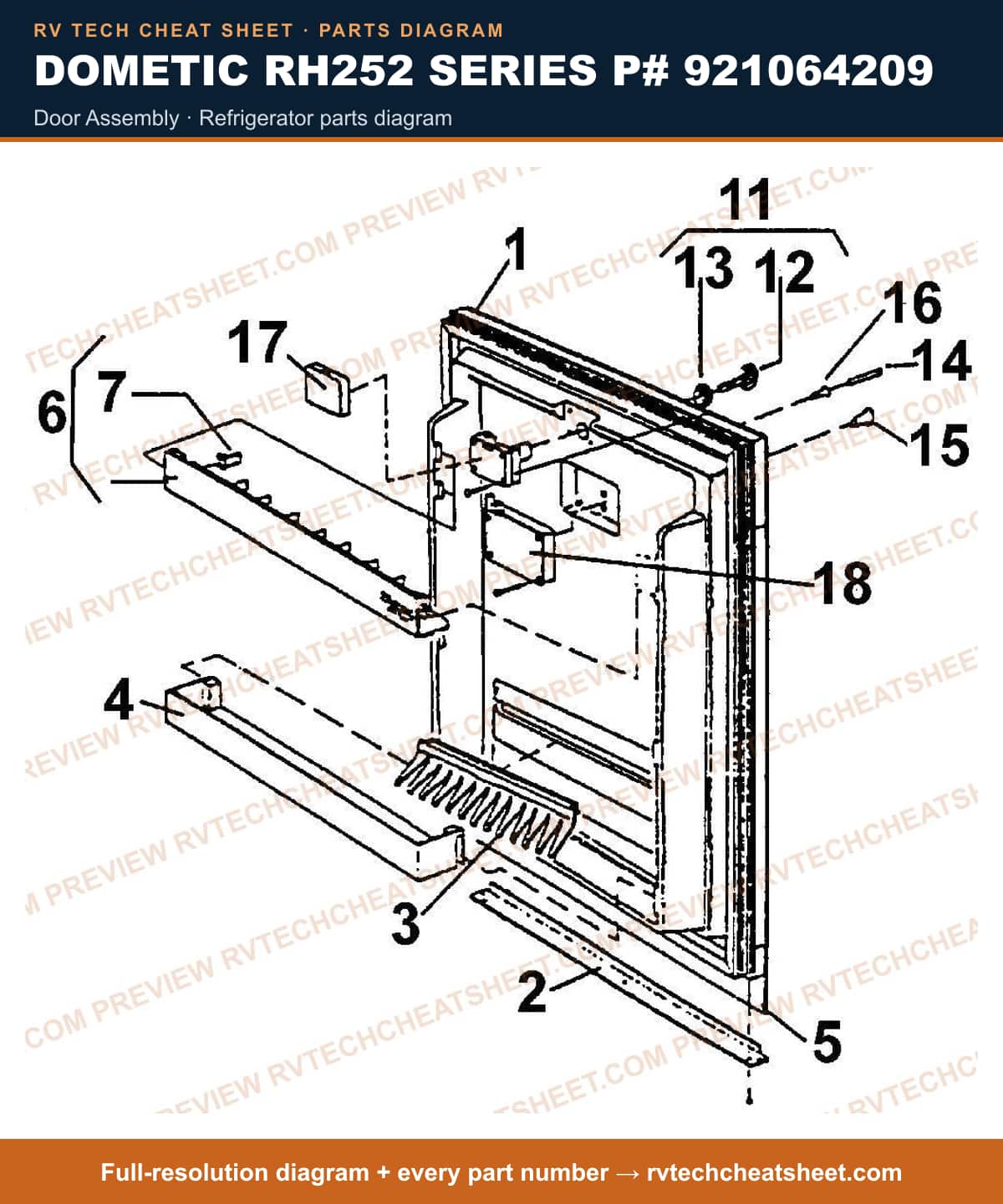 Dometic RH252 Series P# 921064209 door assembly — parts list sheet
