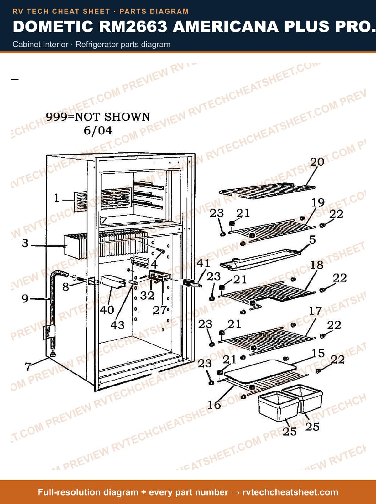Dometic RM2663 Americana Plus Product # 921144105 Black cabinet interior — parts list sheet