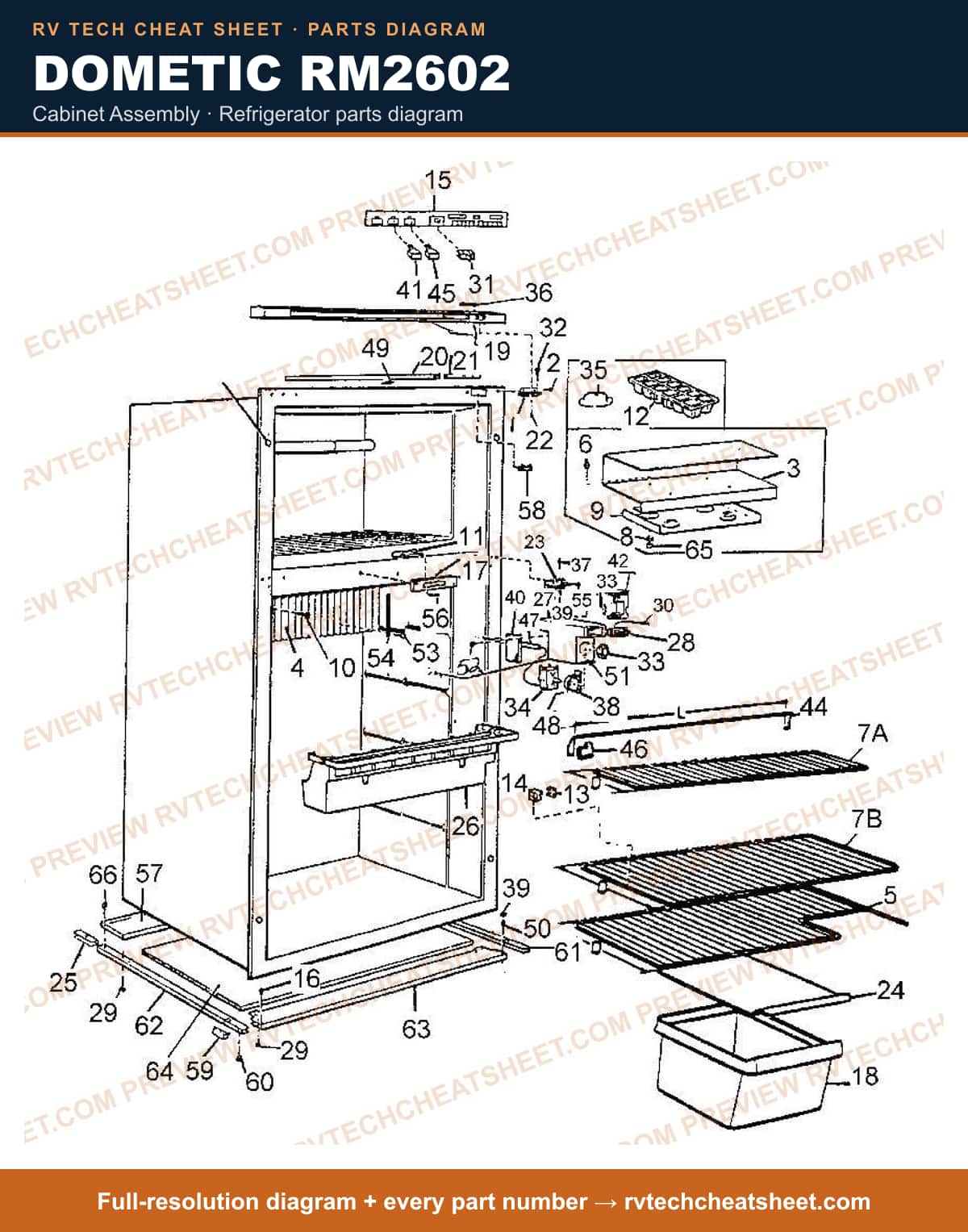 Dometic RM2602 cabinet assembly — parts list sheet