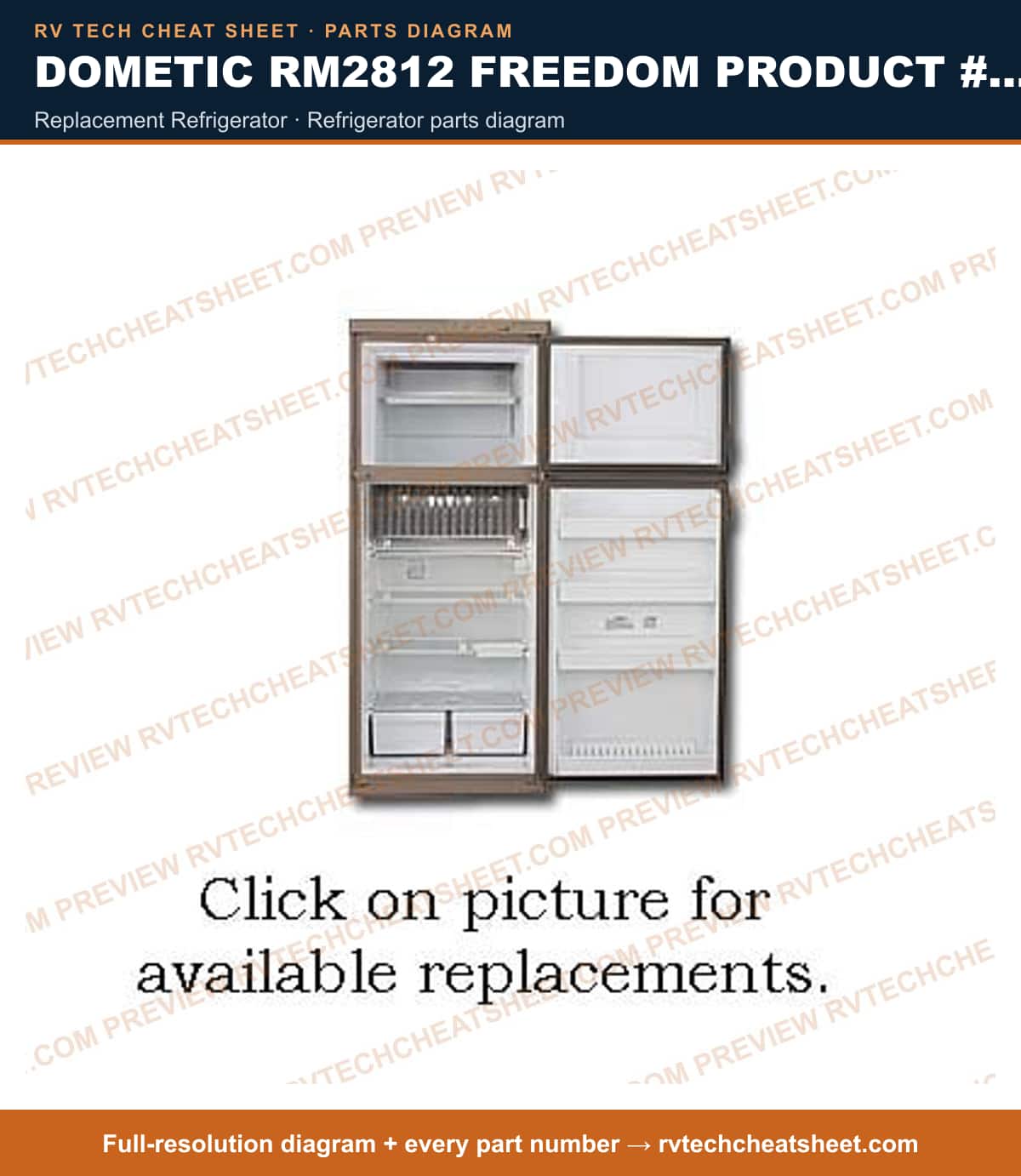 Dometic RM2812 Freedom Product # 921594601 replacement refrigerator — parts list sheet
