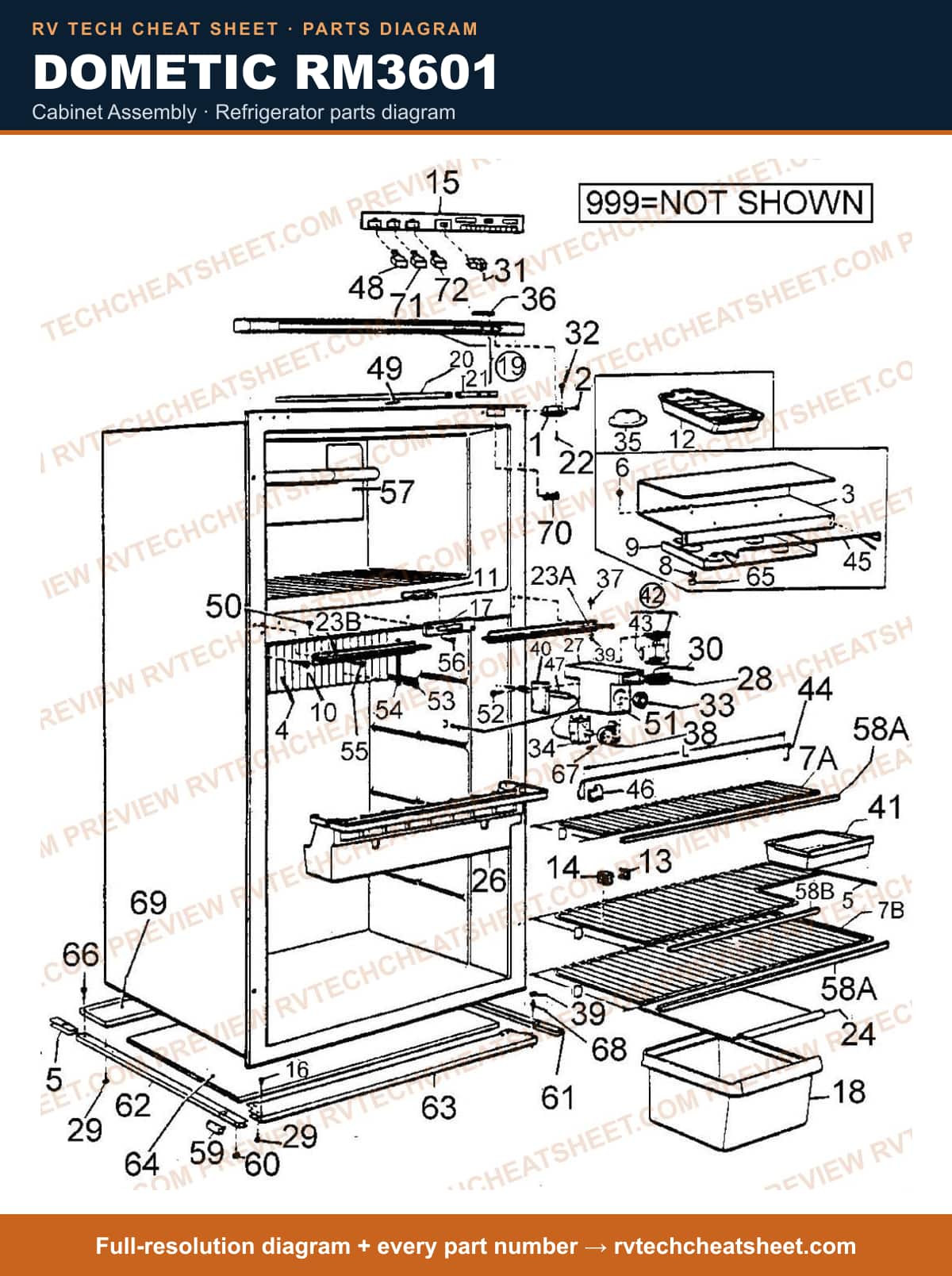 Dometic RM3601 cabinet assembly — parts list sheet