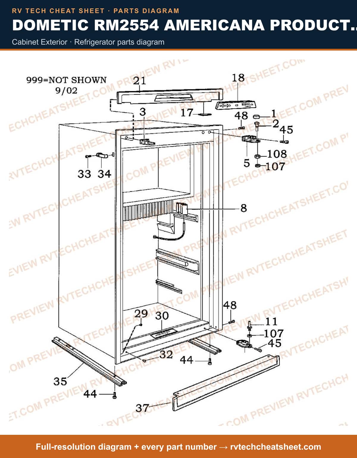 Dometic RM2554 Americana Product # 921142017 Beige cabinet exterior — parts list sheet