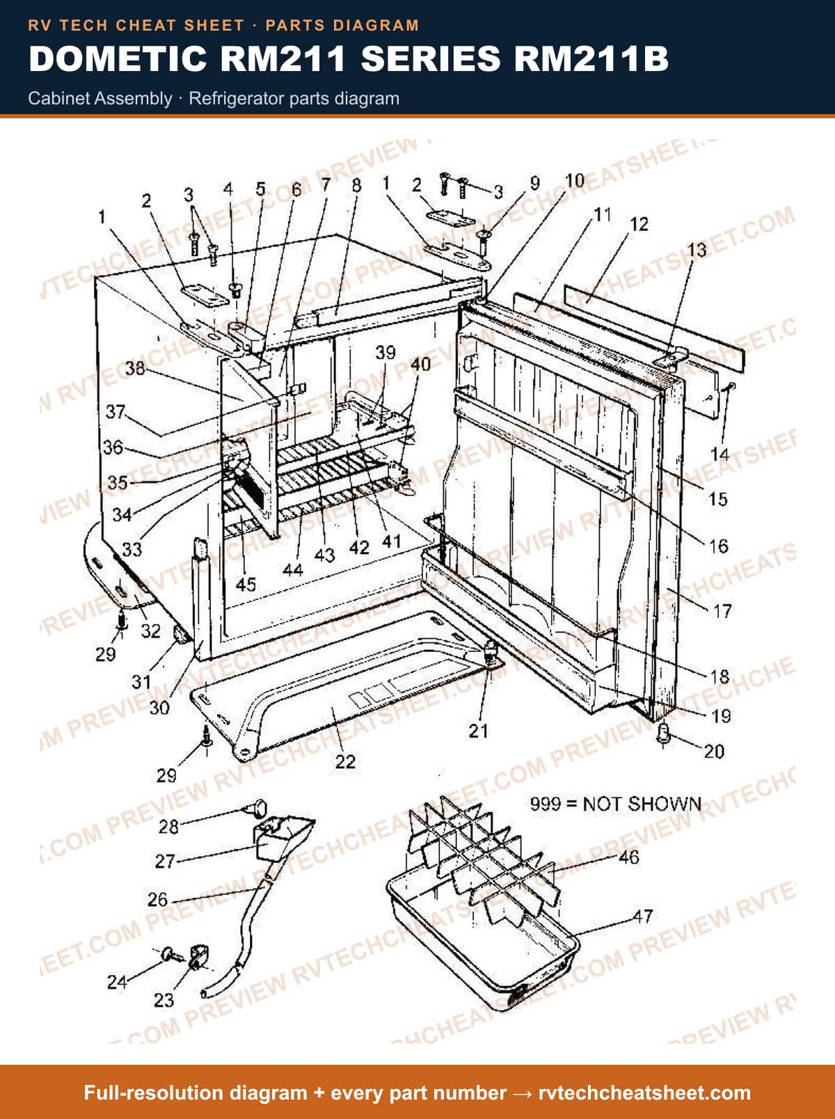 Dometic RM211 Series RM211B cabinet assembly — parts list sheet