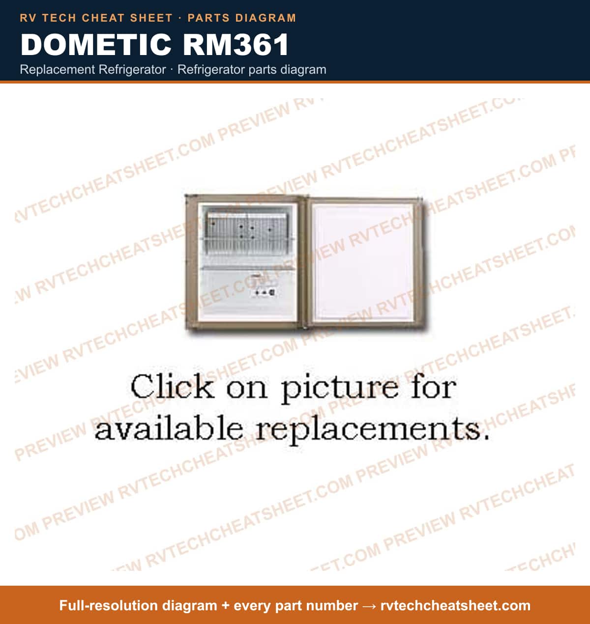 Dometic RM361 replacement refrigerator — parts list sheet