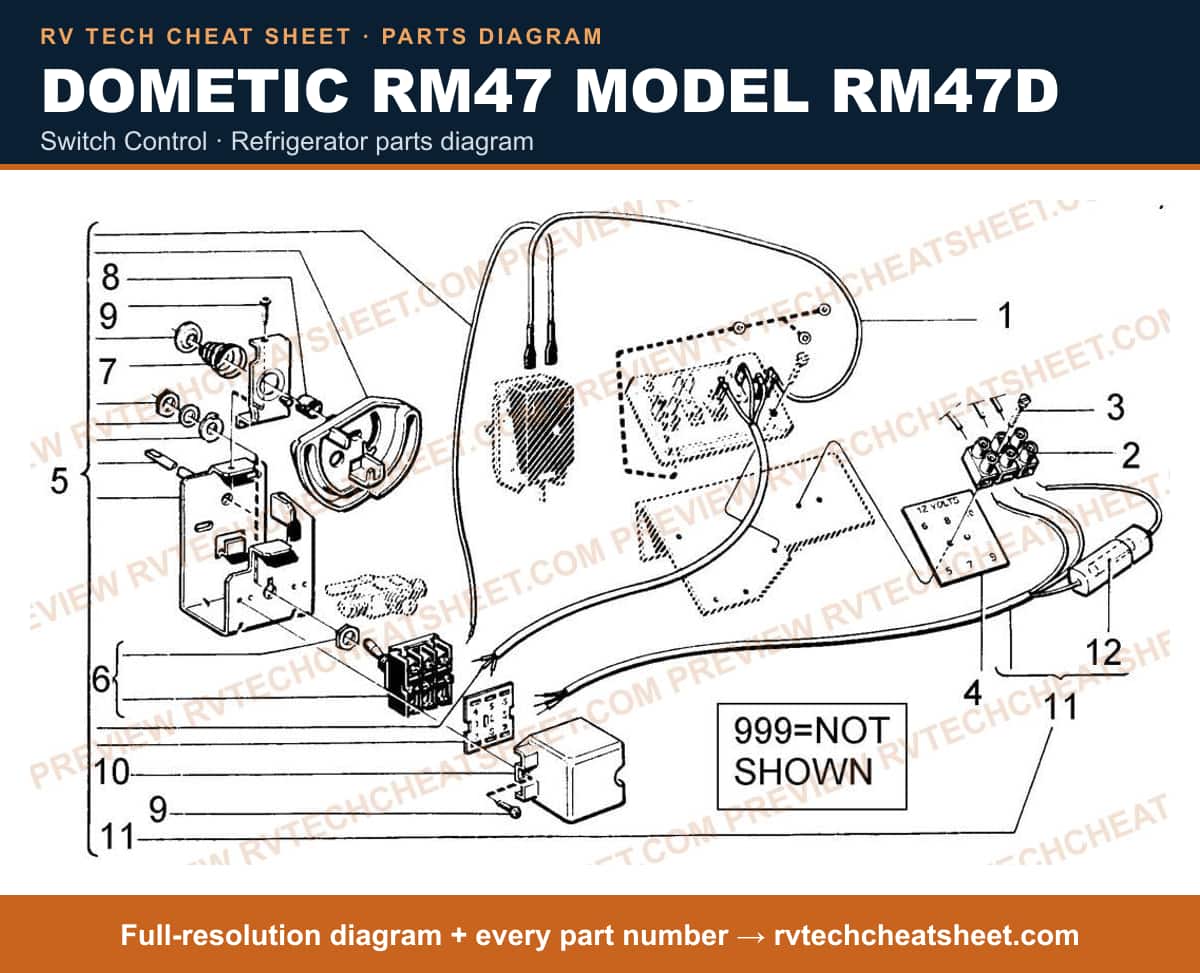 Dometic RM47 Model RM47D switch control — parts list sheet
