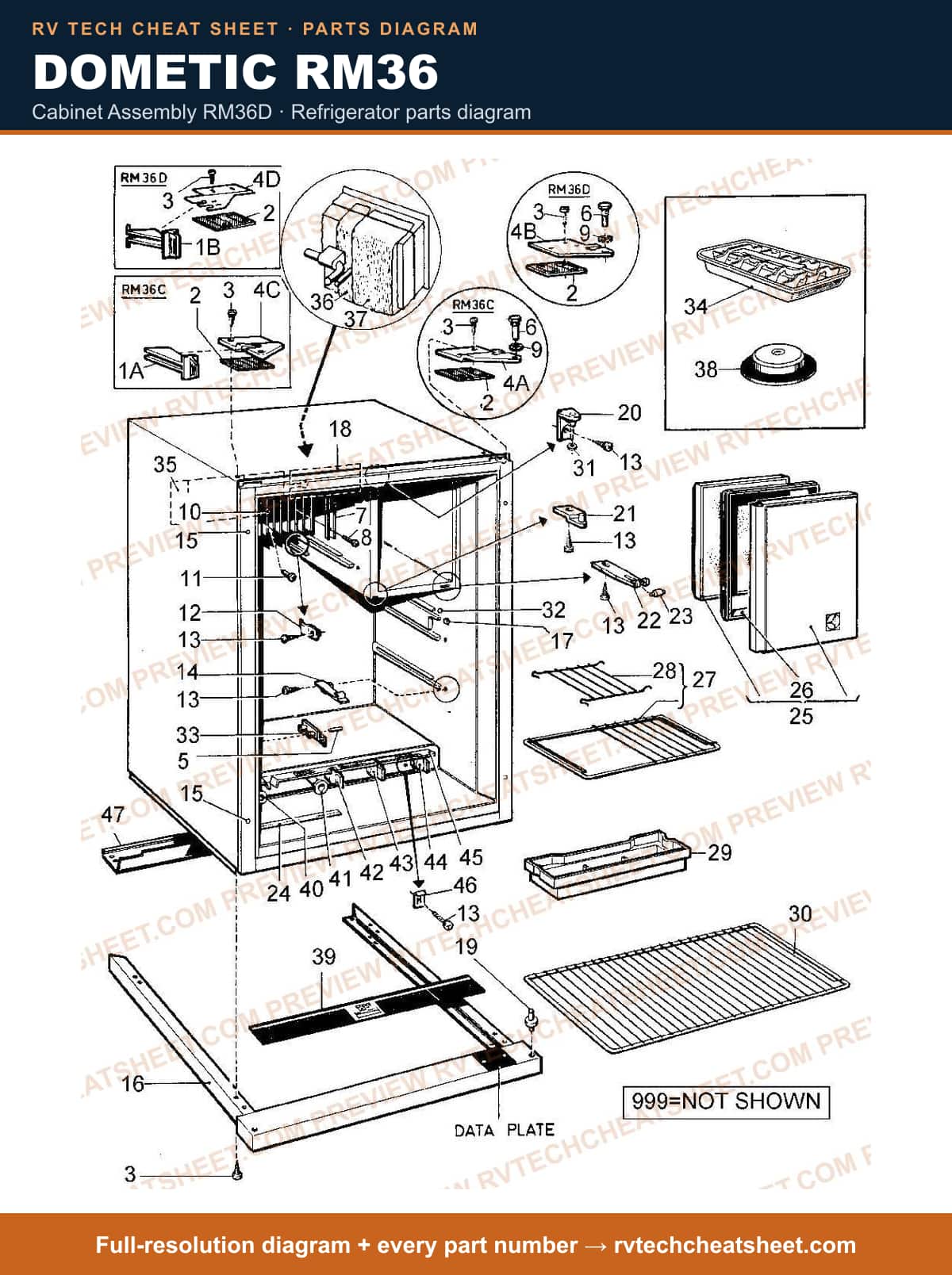 Dometic RM36 cabinet assembly rm36d — parts list sheet