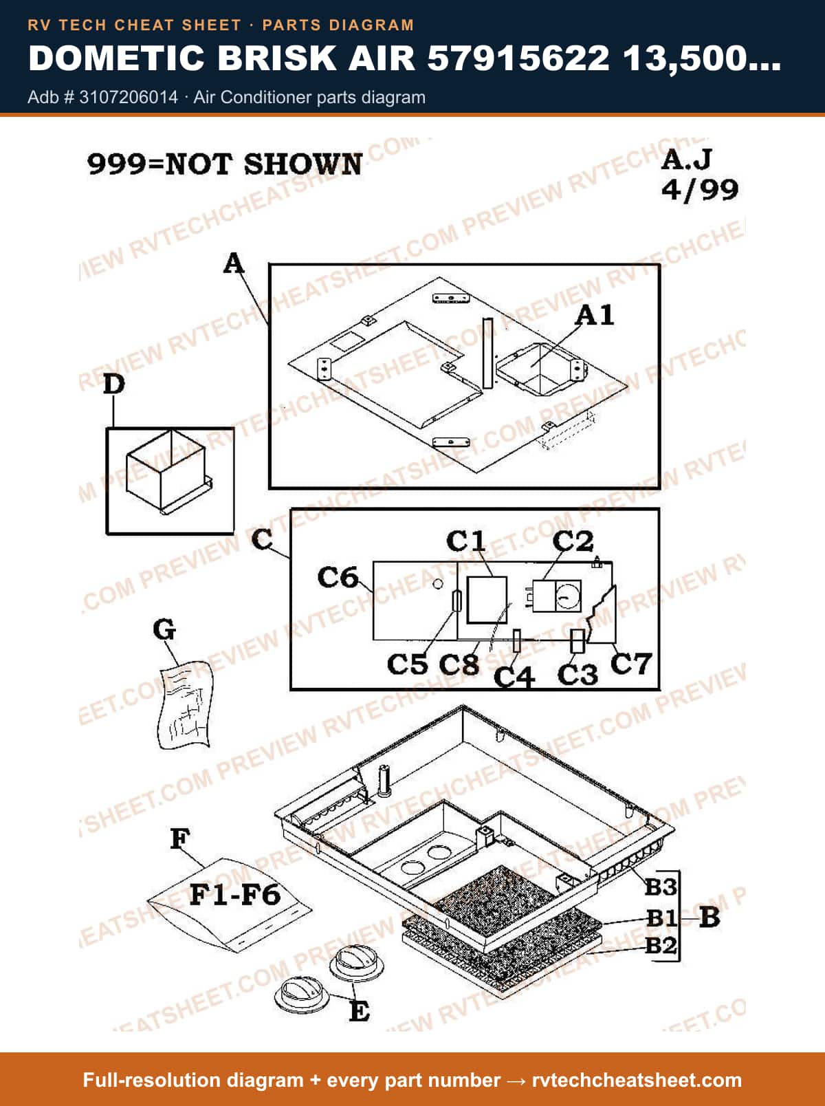 Dometic Brisk Air 57915622 13,500 BTU adb # 3107206014 — parts list sheet