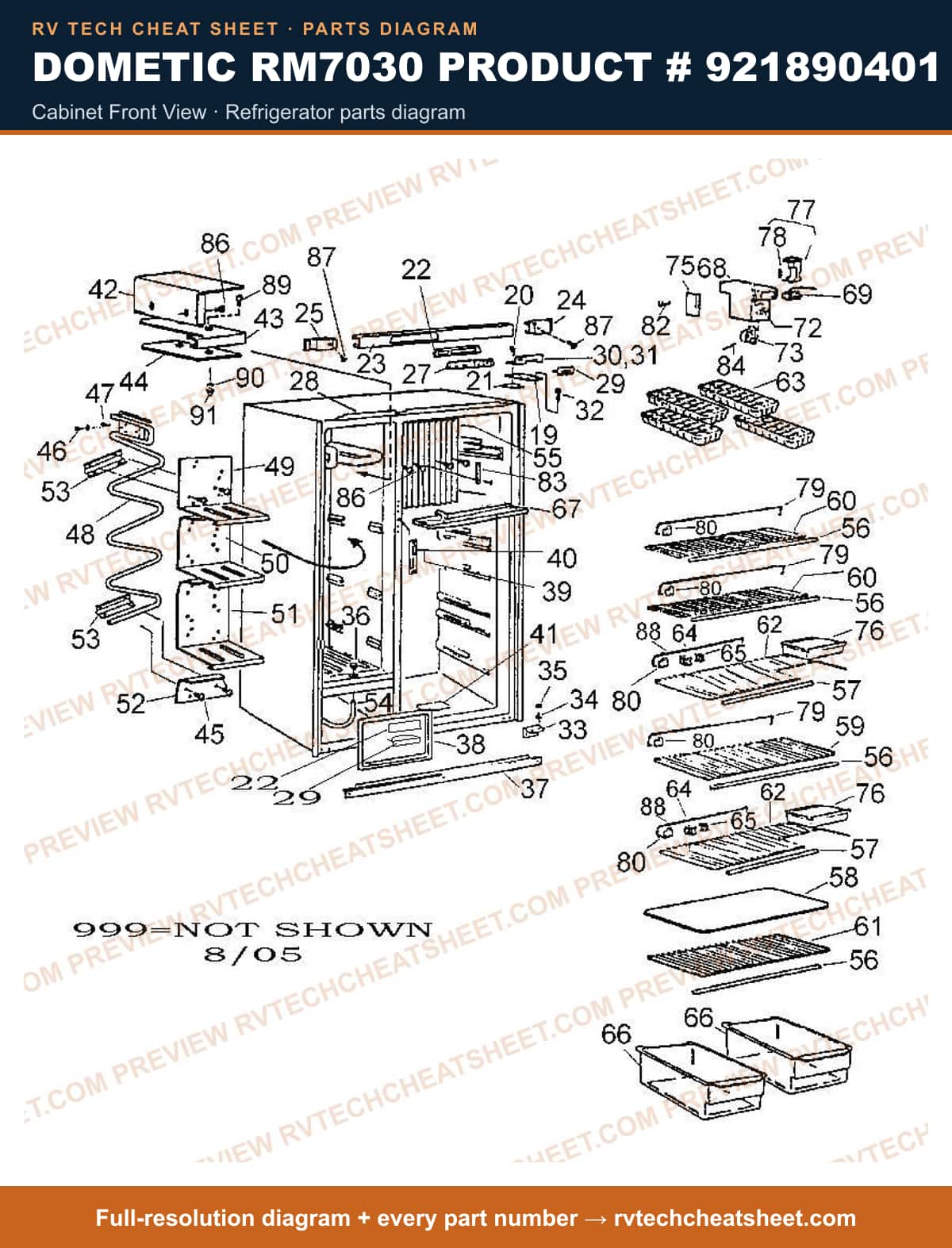 Dometic RM7030 Product # 921890401 cabinet front view — parts list sheet