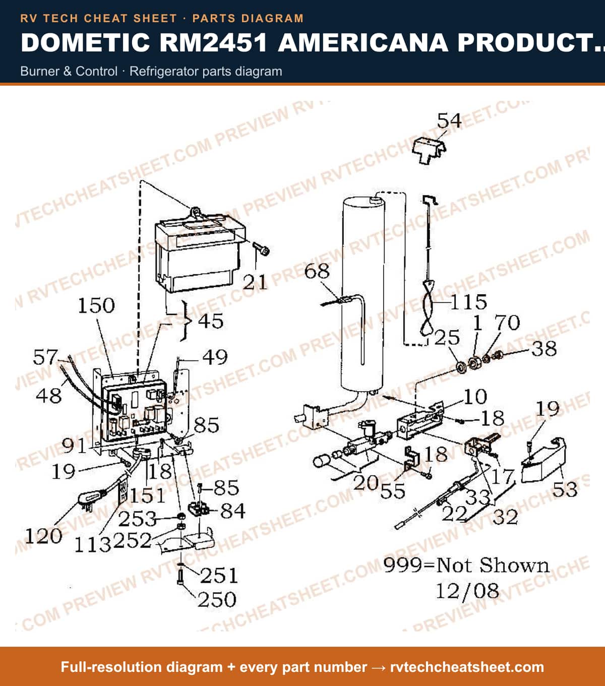 Dometic RM2451 Americana Product # 921140134 Black burner & control — parts list sheet