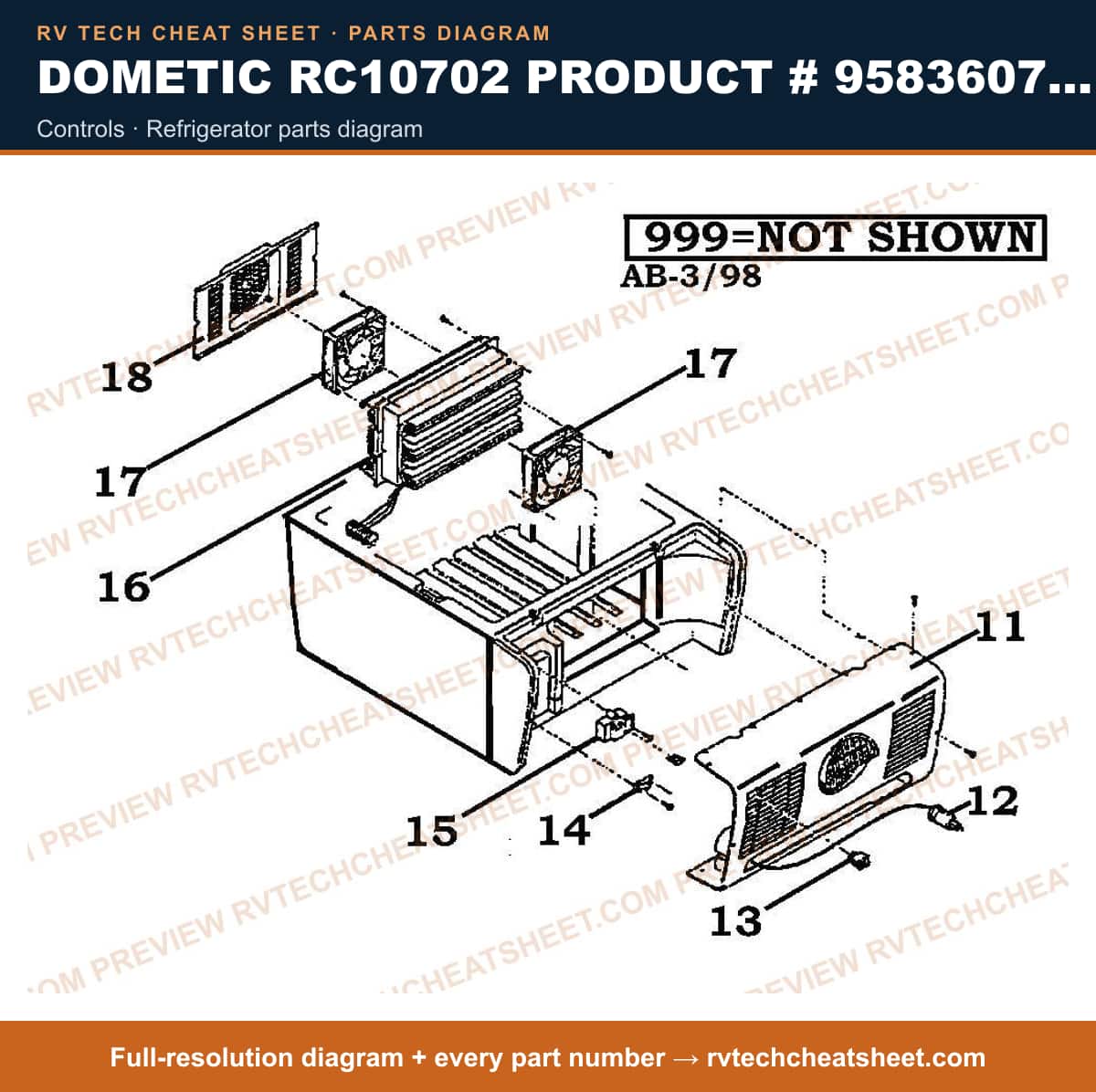 Dometic RC10702 Product # 958360701 controls — exploded parts diagram