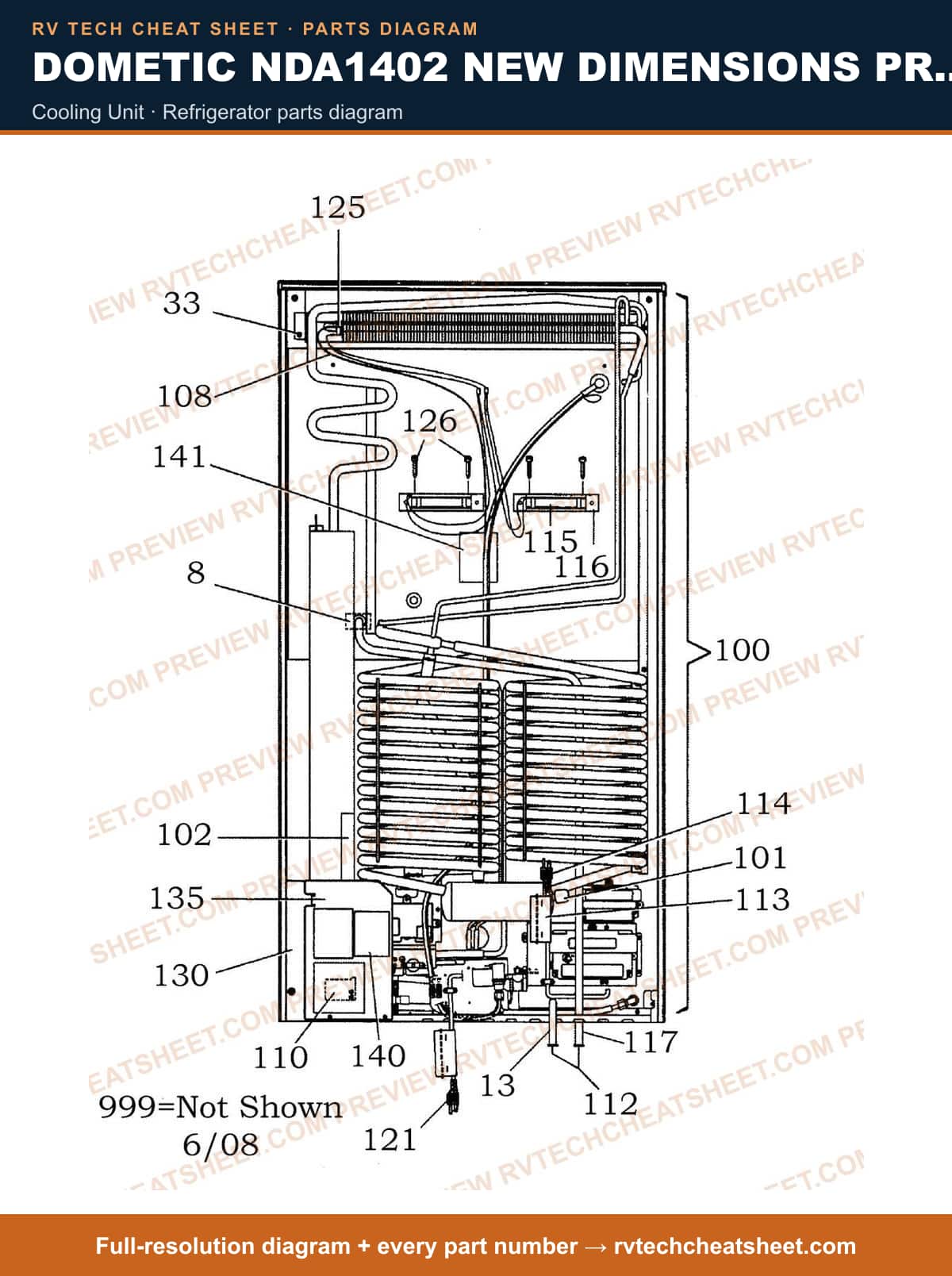 Dometic NDA1402 New Dimensions Product # 921148403 Black cooling unit — parts list sheet