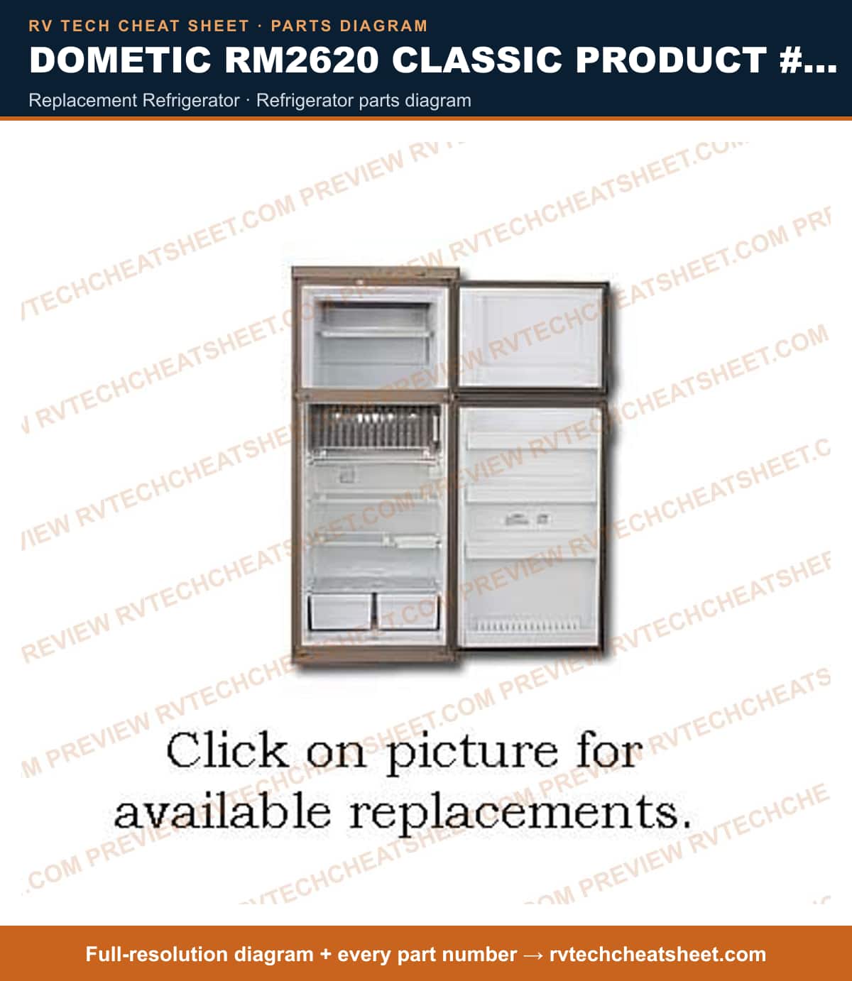 Dometic RM2620 Classic Product # 921575011 Beige replacement refrigerator — parts list sheet