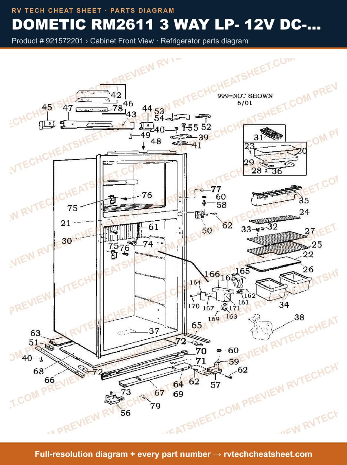 Dometic RM2611 3 Way Lp- 12V Dc- 110V AC product # 921572201 › cabinet front view — parts list sheet
