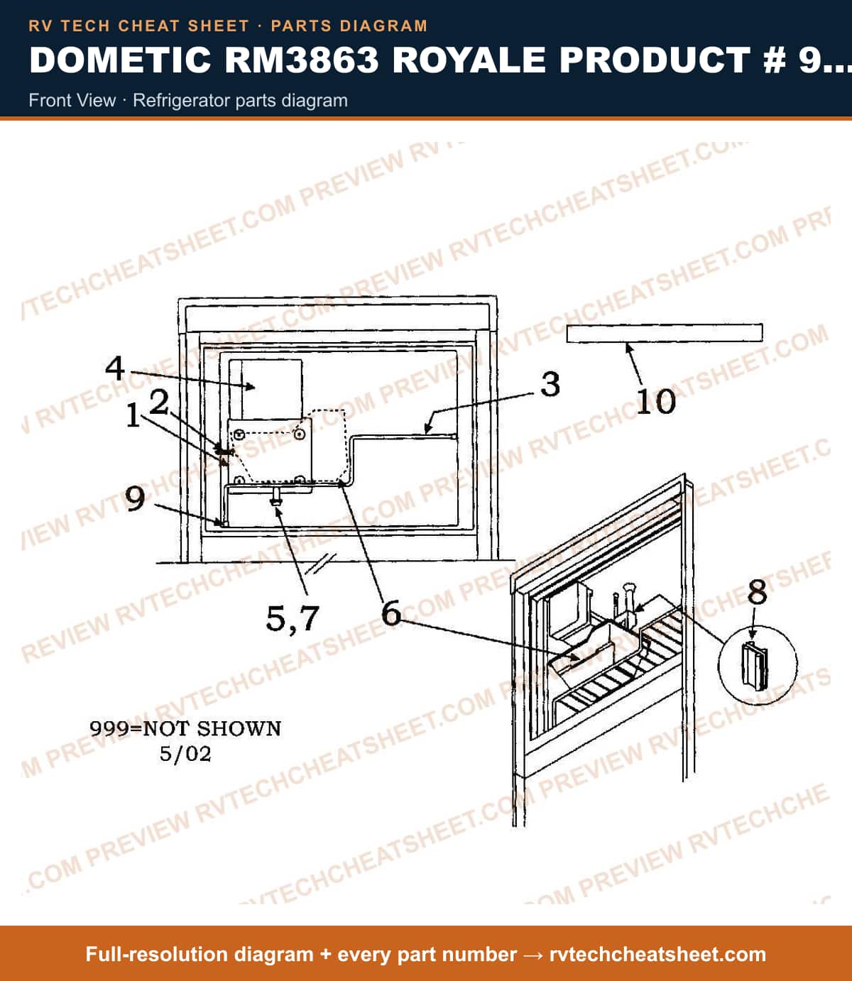 Dometic RM3863 Royale Product # 921146010 Beige front view — parts list sheet