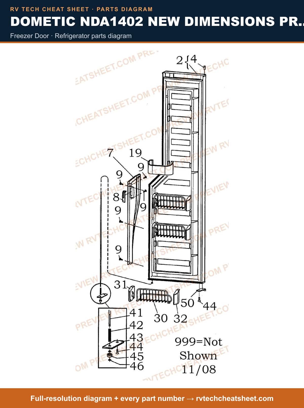 Dometic NDA1402 New Dimensions Product # 921148403 Black freezer door — parts list sheet