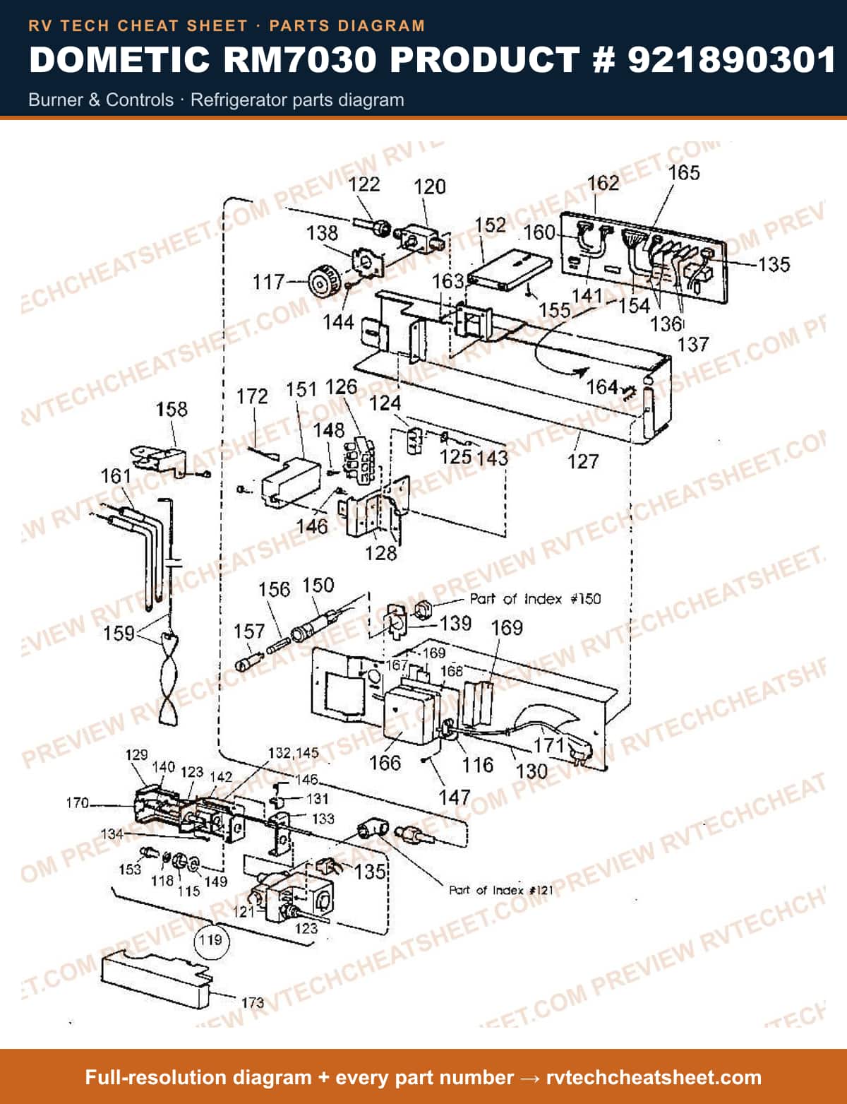 Dometic RM7030 Product # 921890301 burner & controls — parts list sheet